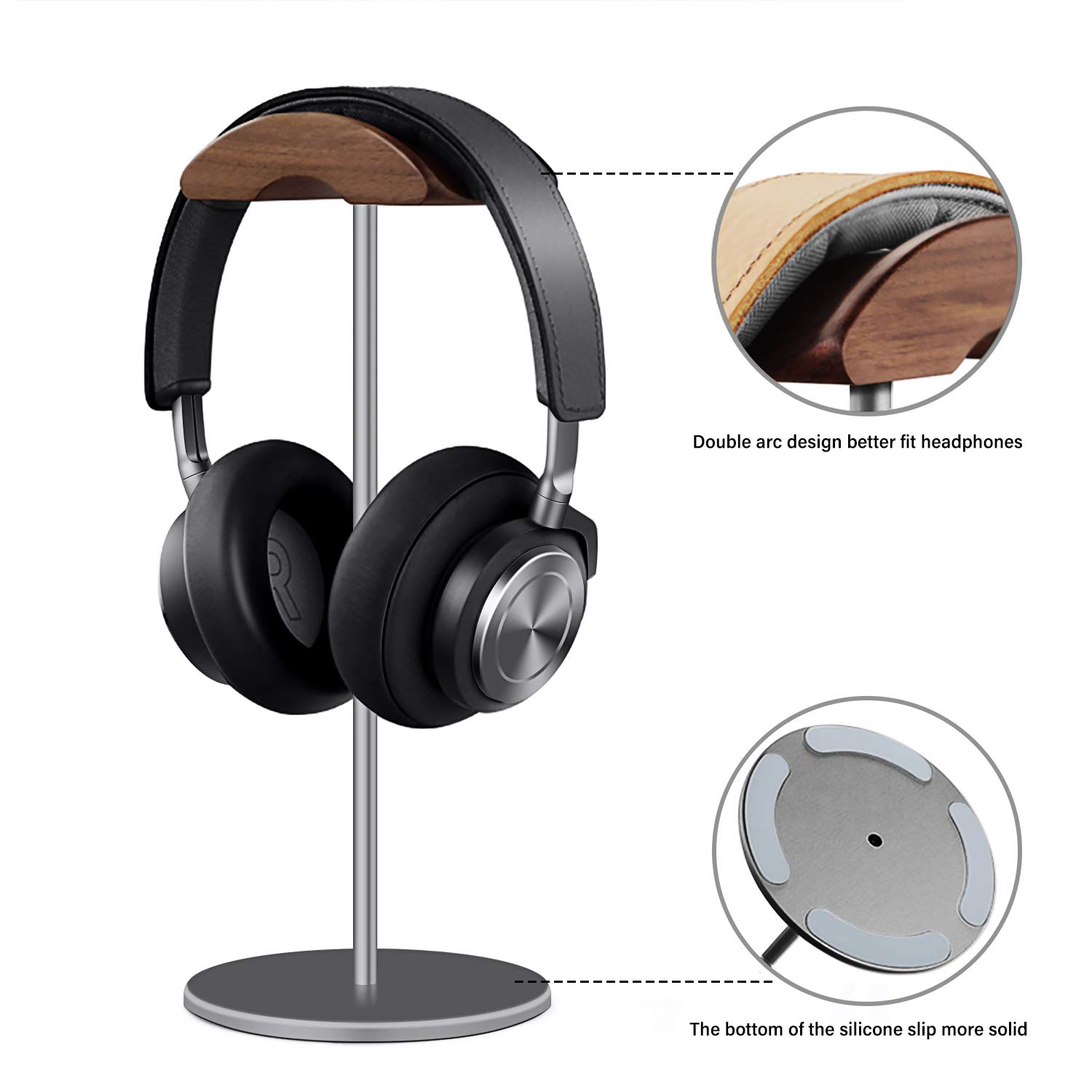 Premium Walnut Wood & Aluminum Headphone Stand - Heavy Base Gaming Headset Holder for All Sizes (Gray) | Perfect for Desk Organization, Gaming Setup & Home Office Accessories
