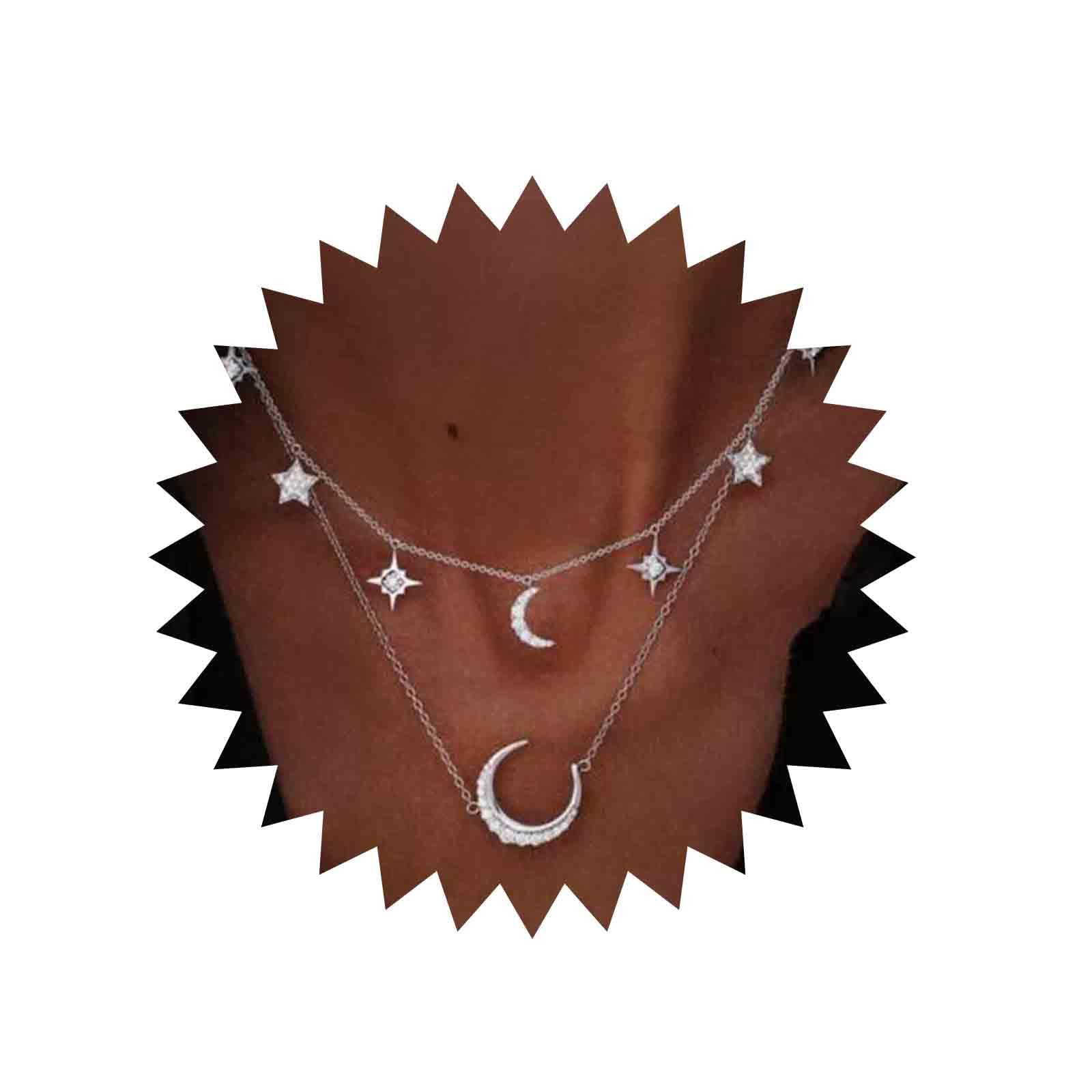 Boho CZ Moon & Star Necklace - Silver Layered Choker with Rhinestone Crescent Pendant | Women's Festival Jewelry for Concerts, Raves & Boho Fashion