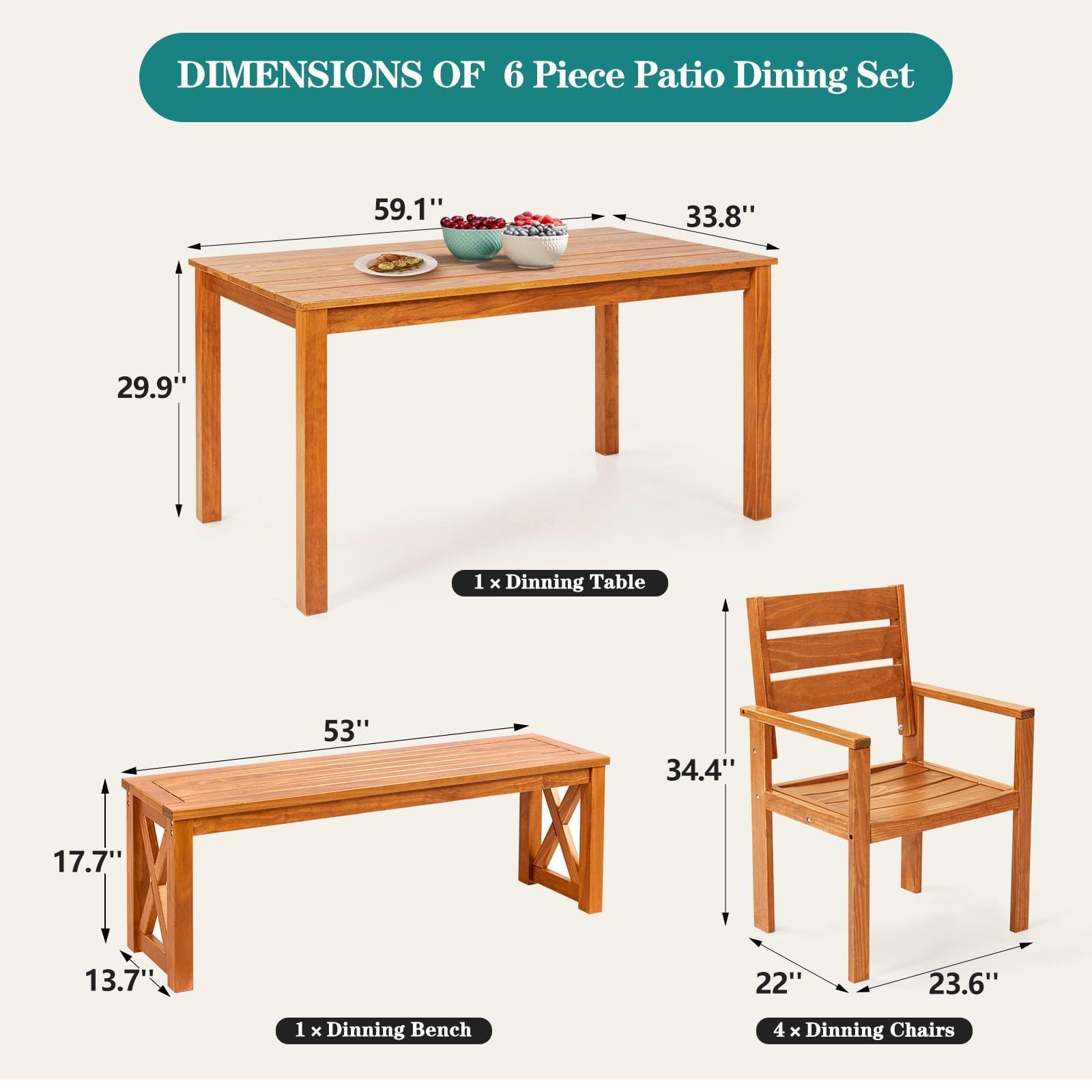 YOLENY 6-Piece Teak Solid Wood Patio Dining Set - Indoor & Outdoor Wooden Furniture for Backyard, Lawn, Garden - Perfect for Outdoor Entertaining & Relaxation