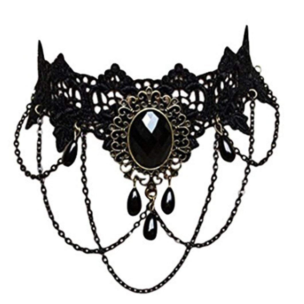 Gothic Punk Style Black Lace Tassel Choker Necklace for Women - Beaded Chain Pendant Tattoo Choker | Perfect for Halloween, Cosplay, Gothic Fashion & Night Out