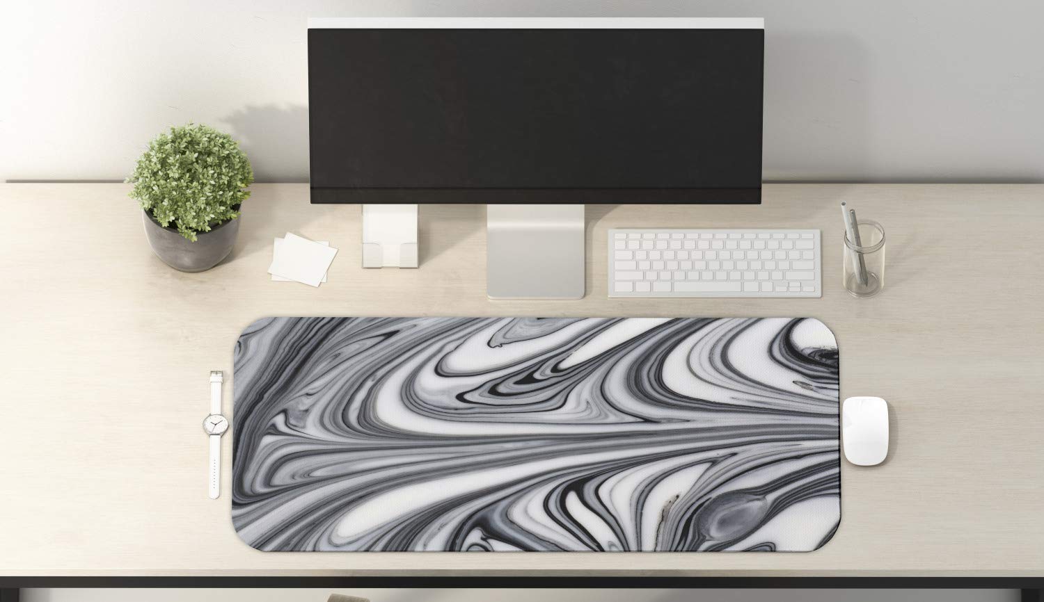 Ambesonne Abstract Computer Mouse Pad - Non-Slip Rubber Gaming Mousepad (31x12 Inches) with White & Black Marble Art Design | Perfect for Office, Gaming & Graphic Workstations