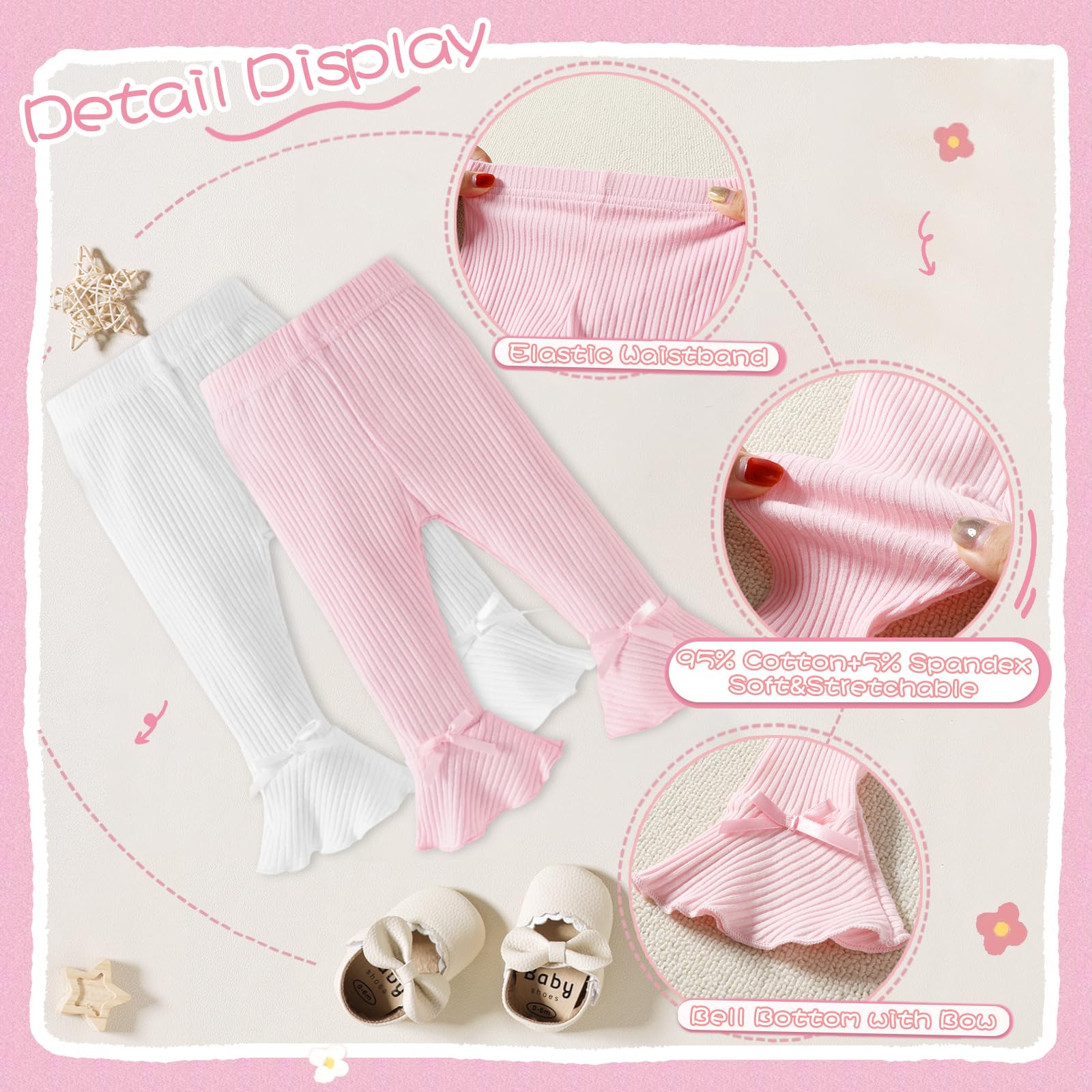 Newborn Baby Girl Pants Leggings - Ribbed Straight Flare Bell Bottoms (5-Pack) | Soft & Stretchy Infant Toddler Leggings for Playtime, Outfits & Photo Shoots