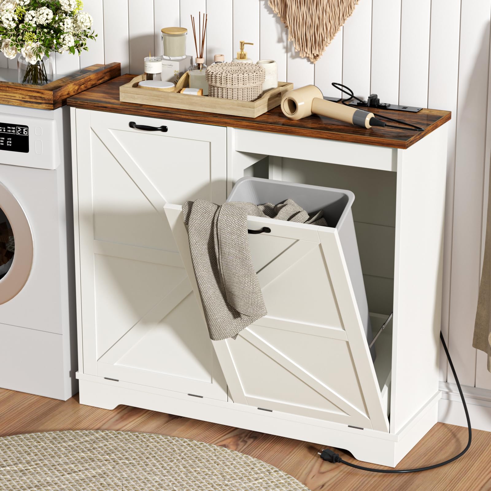13 Gallon Double Tilt Out Trash Can Cabinet with Deodorizer - Farmhouse Style Hidden Garbage Bin Storage for Kitchen & Living Room - White Wooden Waste Bin Cabinet for Home Organization