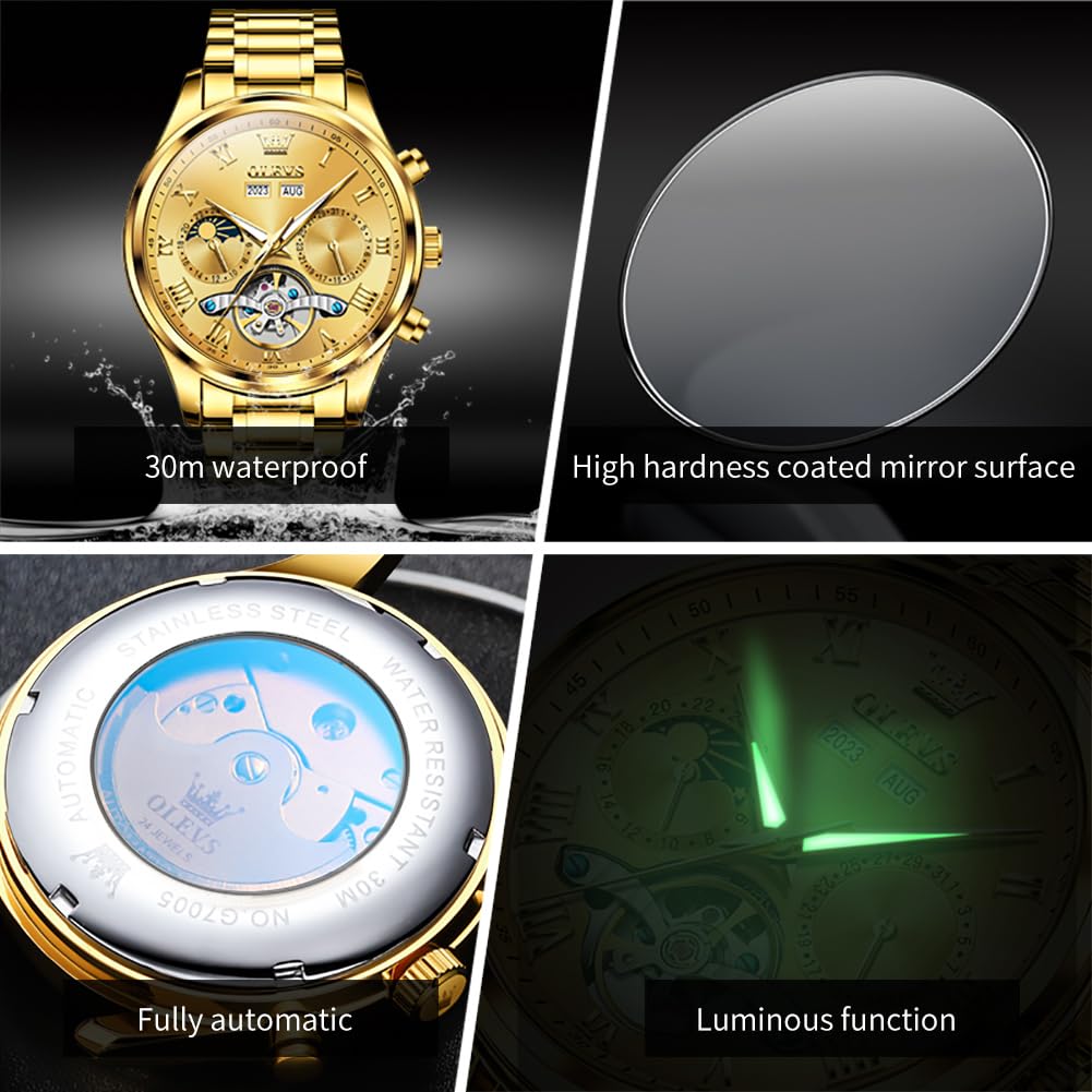 OLEVS Men's Automatic Skeleton Tourbillon Watch - Self-Winding Luxury Dress Watch with Diamond Accents, Stainless Steel, Waterproof, Luminous Hands, Moon Phase & Day Date Display - Perfect for Business, Formal Events & Gift Giving