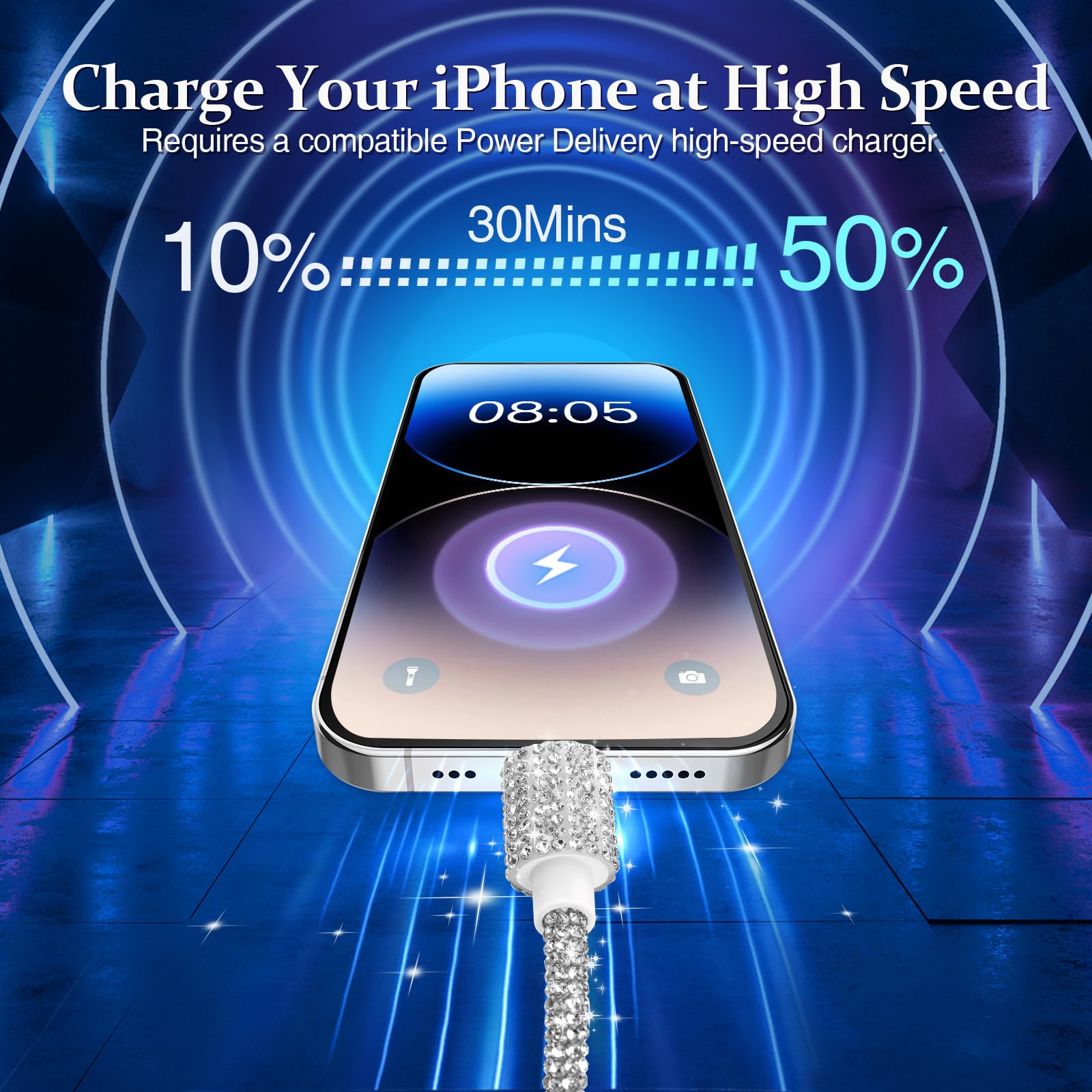 Sparkly Diamond Rhinestone USB C to USB C Cable - 3.3ft Fast Charging Cord (66W) for iPhone 15/16 Series, MacBook Pro, iPad Pro, Galaxy S24 | Perfect for Travel, Office & Home Charging