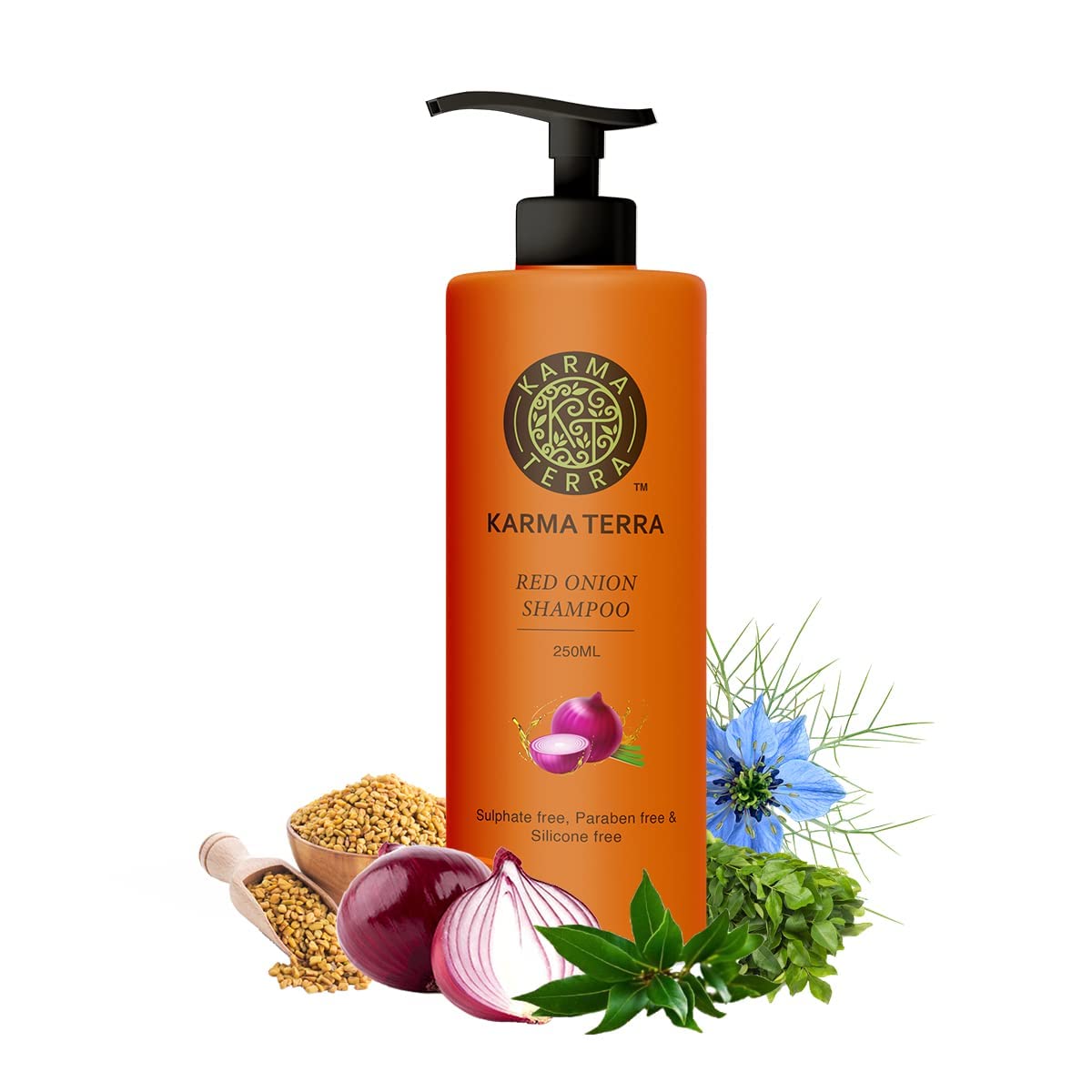 KARMA TERRA Professional Red Onion Shampoo for Hair Growth & Hair Loss Prevention - Natural Red Onion Seed Oil & Black Seed Oil Extract, Chemical-Free Formula (250ml) - Ideal for Thinning Hair & Scalp Care