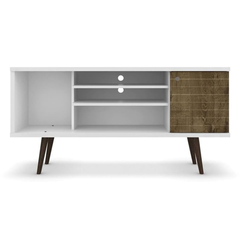 BOWERY HILL 3-Shelf Solid Wood TV Stand for TVs up to 50 Inches - White/Brown Finish - Perfect for Living Room, Bedroom & Home Entertainment Center