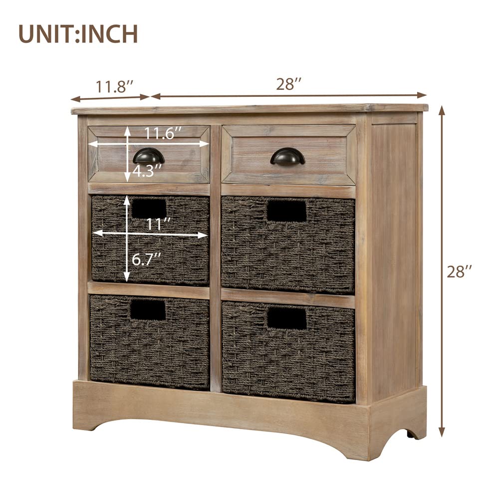 Rustic White Washed Storage Cabinet with 2 Drawers & 4 Rattan Baskets - Farmhouse Entryway Console Table, Living Room Sofa Table, Dining Room Sideboard Storage Chest | Perfect for Hallway Organization, Living Room Decor & Dining Room Storage Solutions