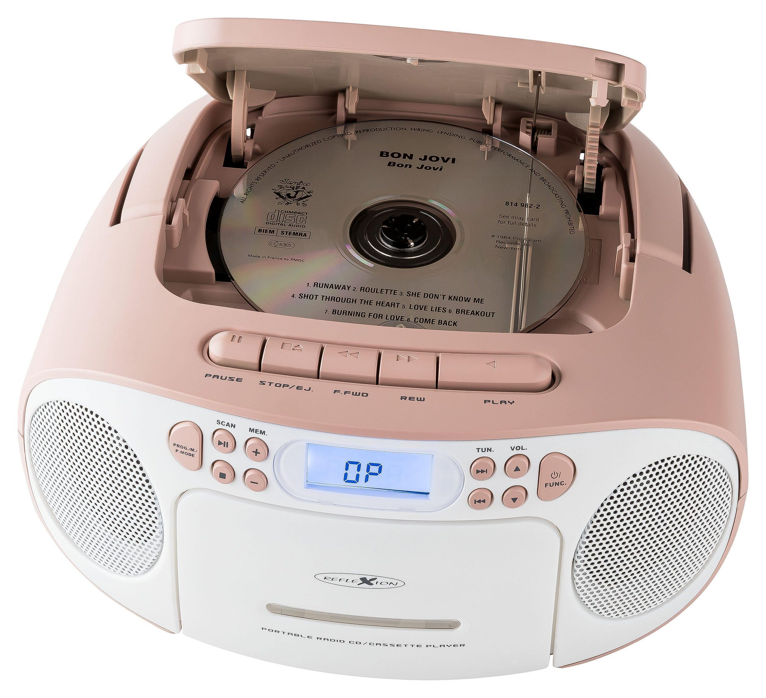 Reflexion RCR2260 Portable CD Player with Cassette & FM Radio - PLL Tuning, LCD Display, AUX Input, Headphone Jack - White/Pink (Home, Office, Car, Travel Use)