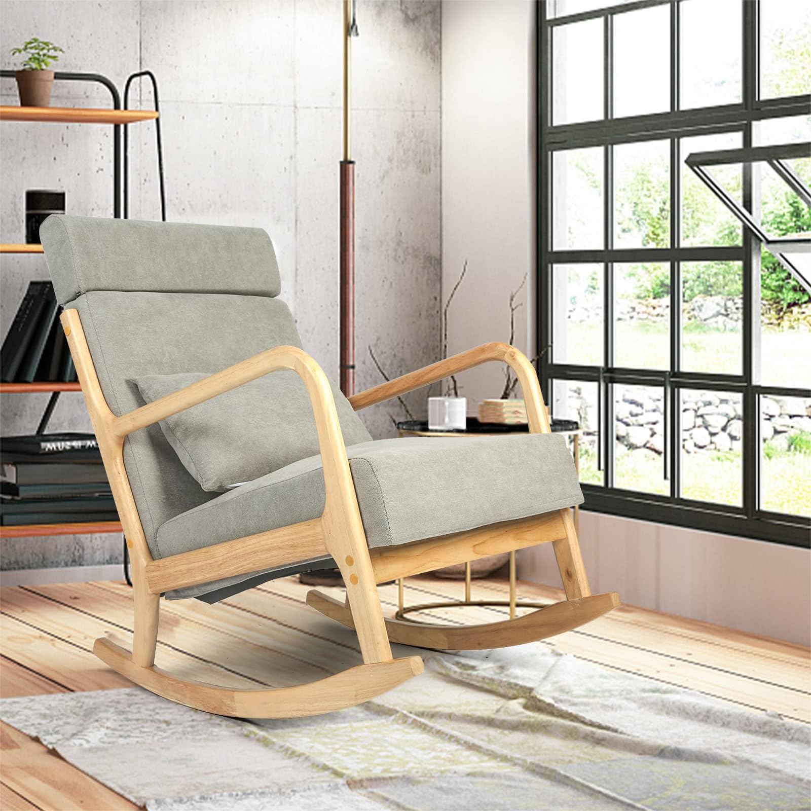 **Solid Wood Glider Rocking Chair with High Back – Upholstered Nursery & Living Room Accent Chair – Grey Linen Fabric for Nursery, Bedroom & Relaxation**    *(Perfect for Nurseries, Living Rooms, Bedrooms & Cozy Relaxation Spaces)*