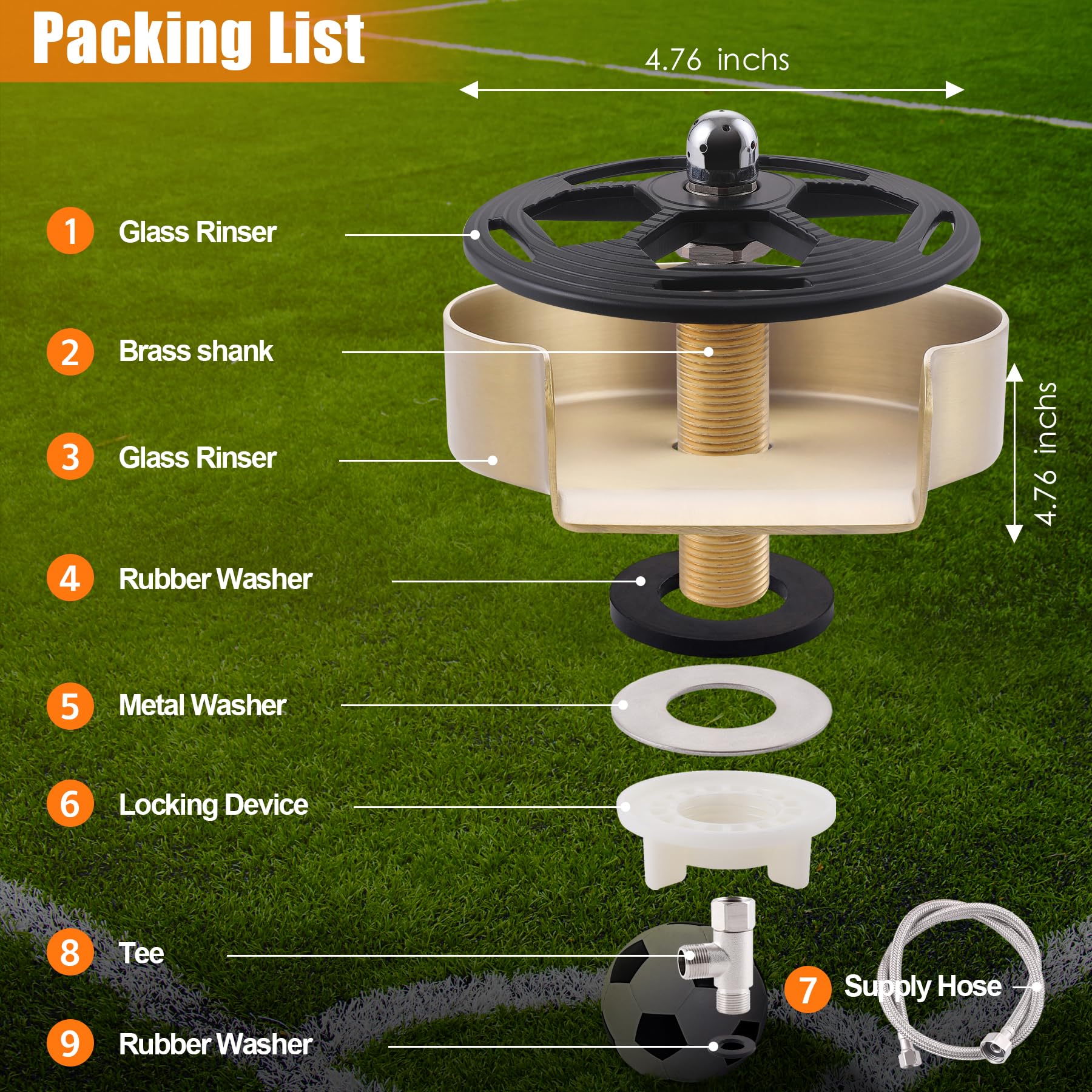 Upgraded 360° Rotating Stainless Steel Glass Rinser for Sink - Brushed Gold Cup Washer with Football Competition Design - Perfect for Bar Sink Attachment, Home Kitchen & Commercial Use