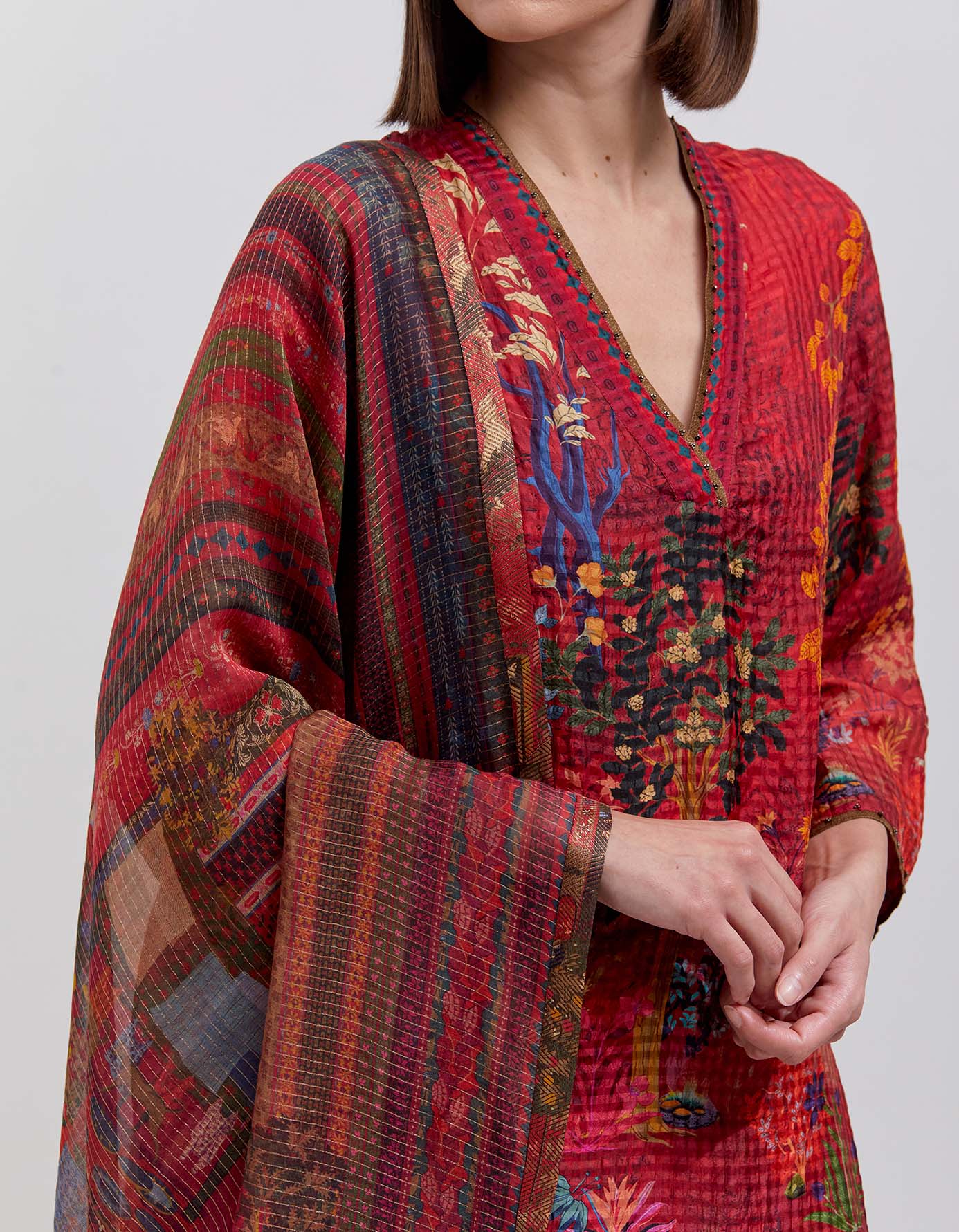 Elegant Damini Kurta in Silk Check Crimson - Traditional Indian Wear for Festivals, Weddings & Special Occasions