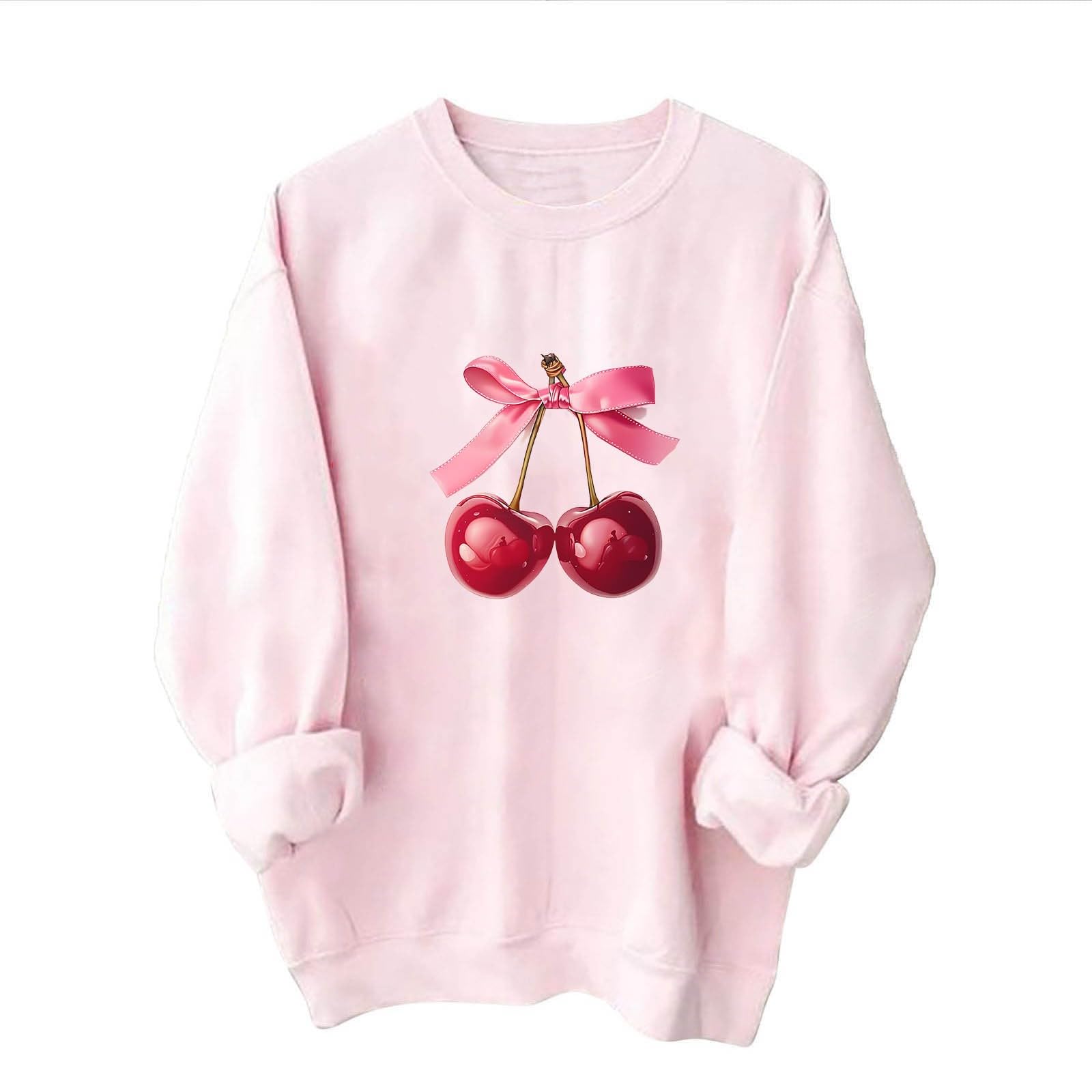 Women's Akklian Cute Cherry Bow Print Long Sleeve Kawaii Pullover - Oversized Loose Pink Sweatshirt for Teen Girls, Perfect for Casual Wear, School, and Weekend Outings