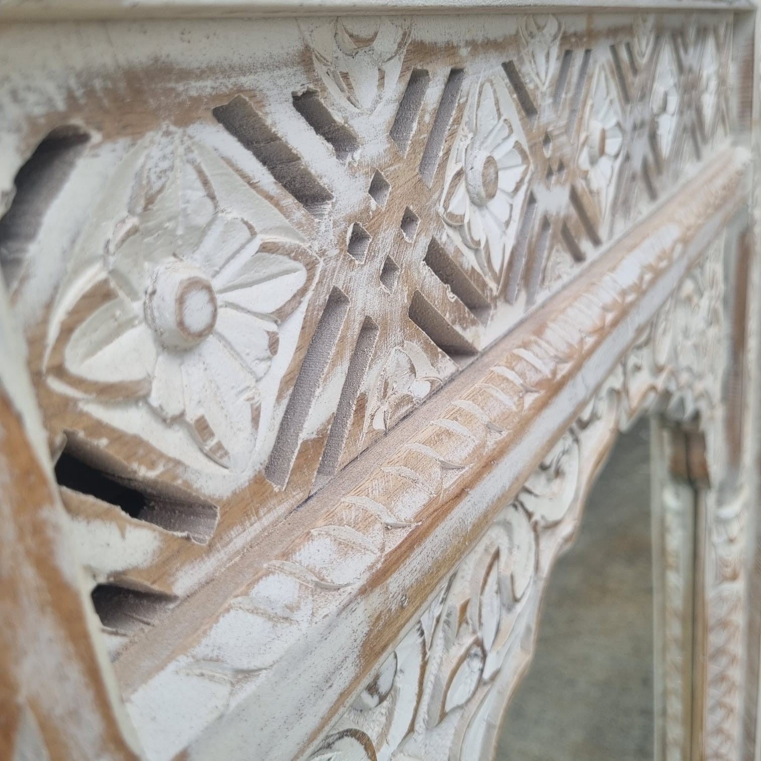 Handmade Carved Solid Wood Indian Furniture Mirror Frame - Rustic White Finish - 59