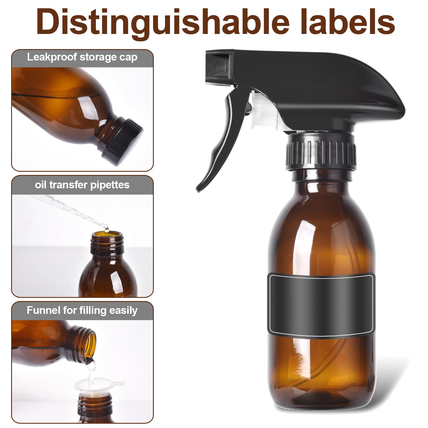 4 Pack 4 oz Amber Glass Spray Bottles - Refillable Empty Bottles for Cleaning Solutions, Hair Care, Essential Oils, Plants - Durable Nozzle with Labels & Funnel - Perfect for DIY, Home Cleaning, Skincare, and Aromatherapy