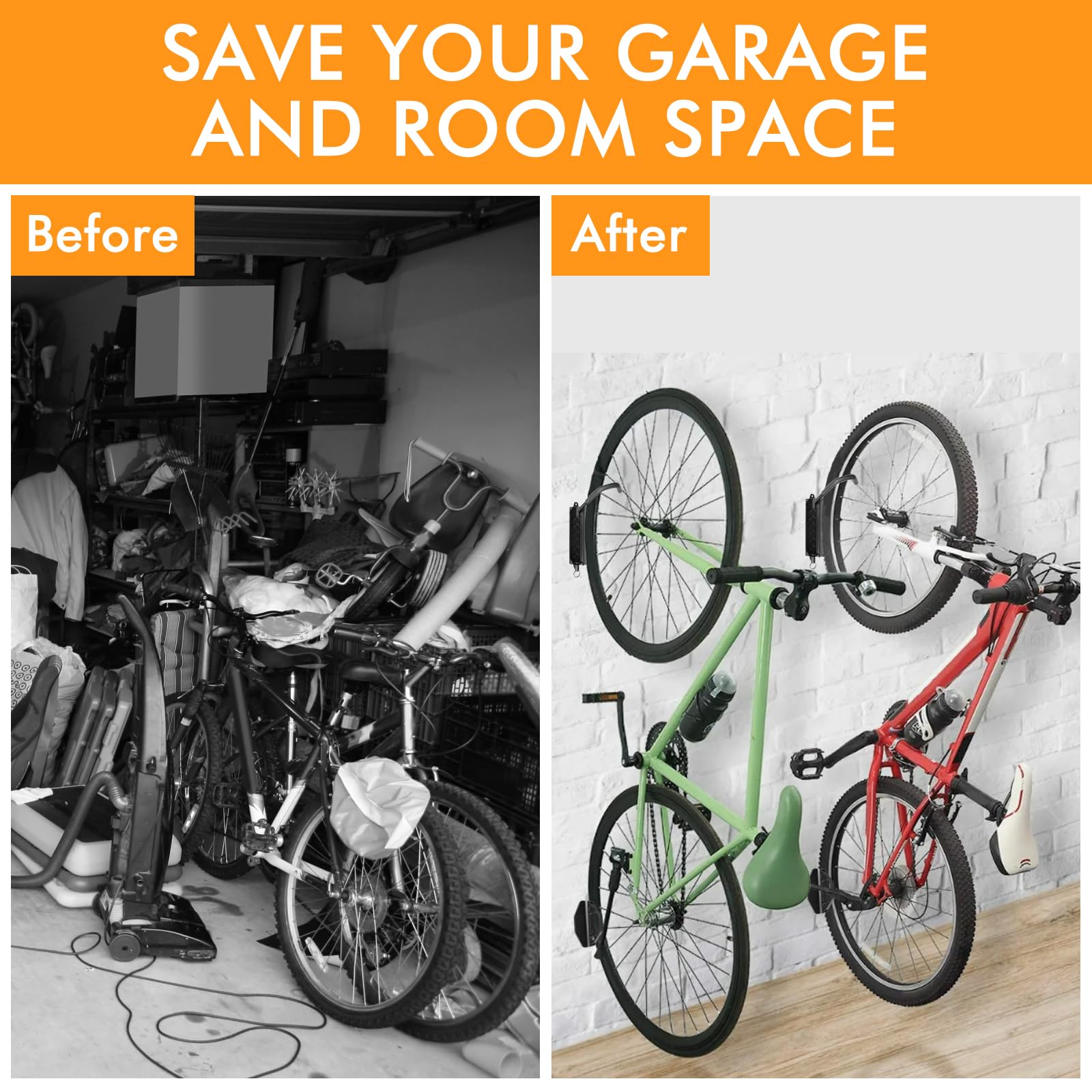 Heavy Duty Swivel Bike Wall Mount Rack - Space Saving Garage Bike Hooks & Hanger for Mountain/Commuter Bikes - Holds Up to 66lbs (2 Pack) - Perfect for Small Spaces & Apartment Storage