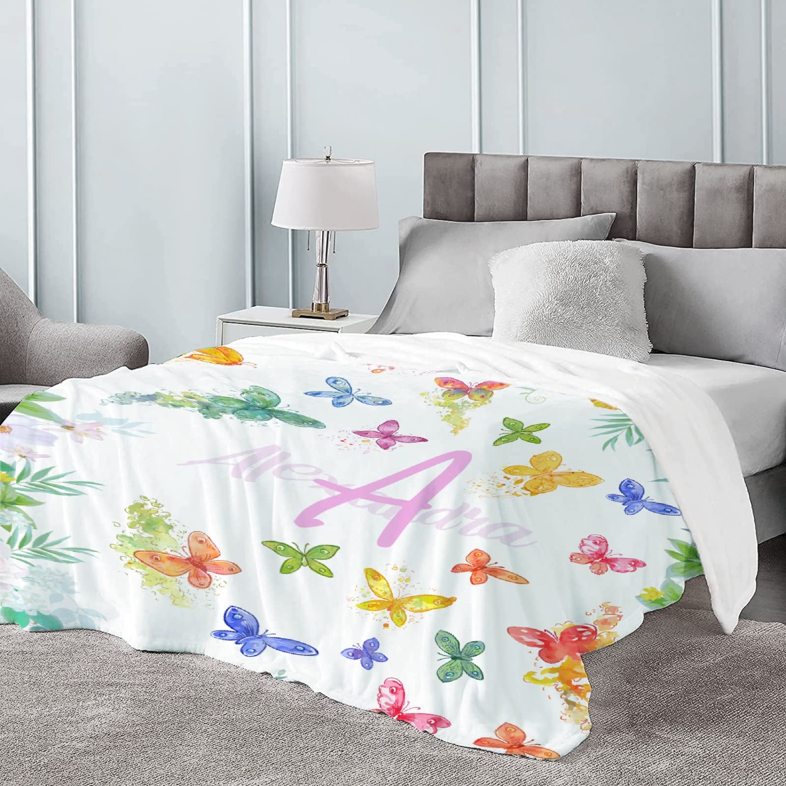Personalized Baby Blanket with Name - Custom Fleece Flannel Blanket for Girls & Boys - Colorful Butterfly Design - XL 120