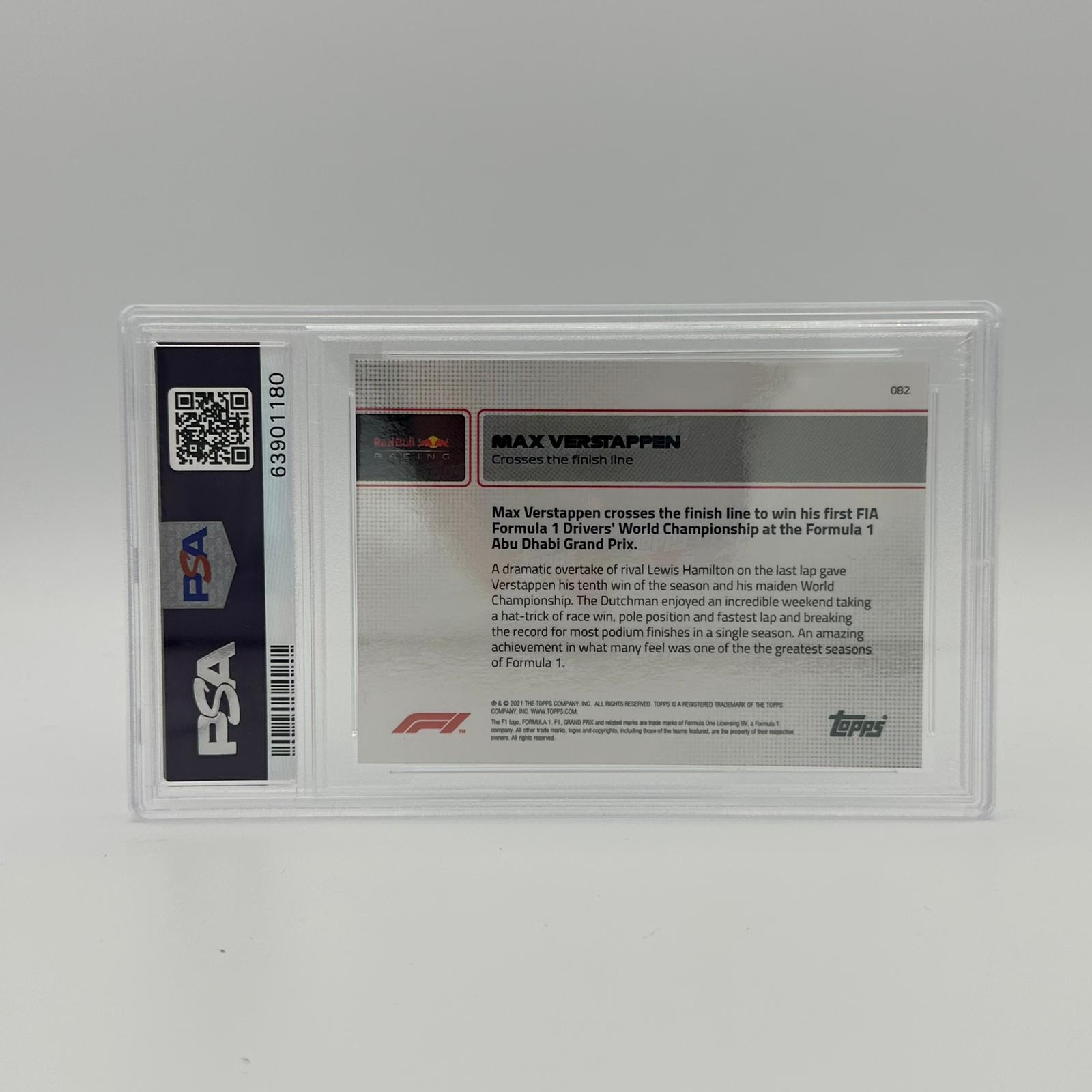 PSA 10 /99 Max Verstappen Crosses The Finish Line #82 - Rare Collectible Racing Card for Fans & Memorabilia Enthusiasts - Perfect for Display, Trading, and Sports Collections