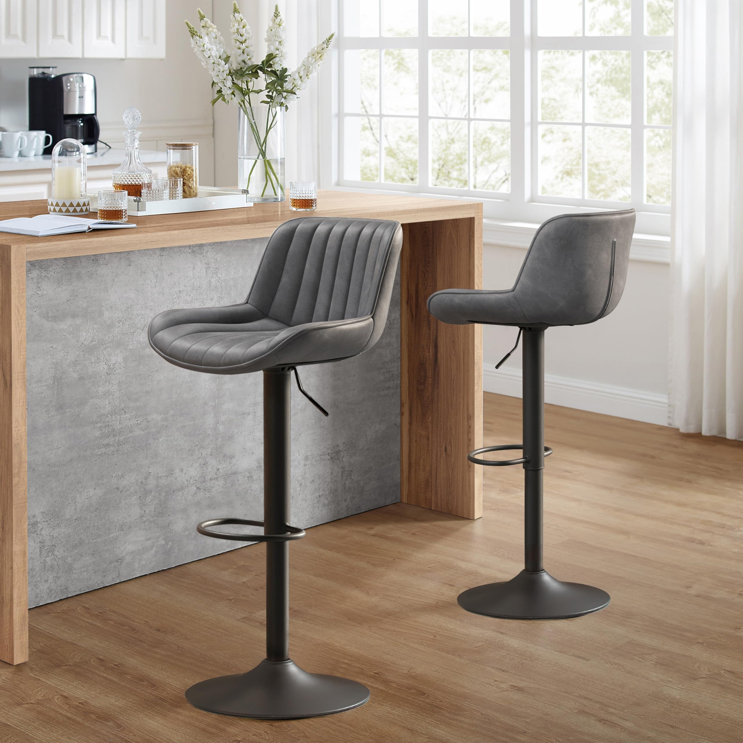 Mid Century Modern Swivel Bar Stools for Kitchen Counter - Adjustable Height Bar Chairs with Back, Vintage PU Leather Kitchen Island Stools (Black Base, Gray, Set of 2) - Perfect for Breakfast Nooks, Home Bars & Kitchen Islands