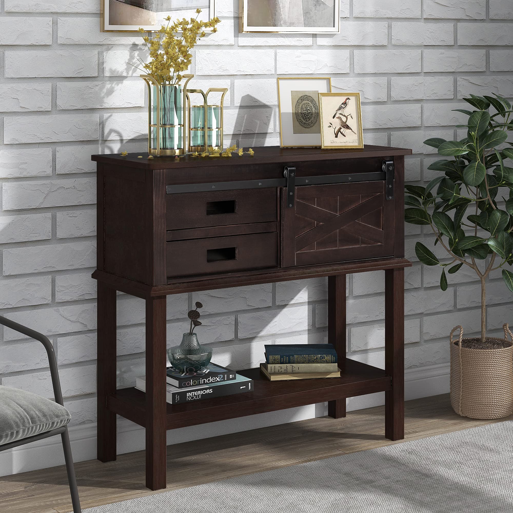 Rustic Pine Wood Console Table with Sliding Barn Door - Farmhouse Entryway Table with 2 Drawers & Open Shelf Storage (Espresso Finish) - Perfect for Hallway, Living Room & Foyer Decor
