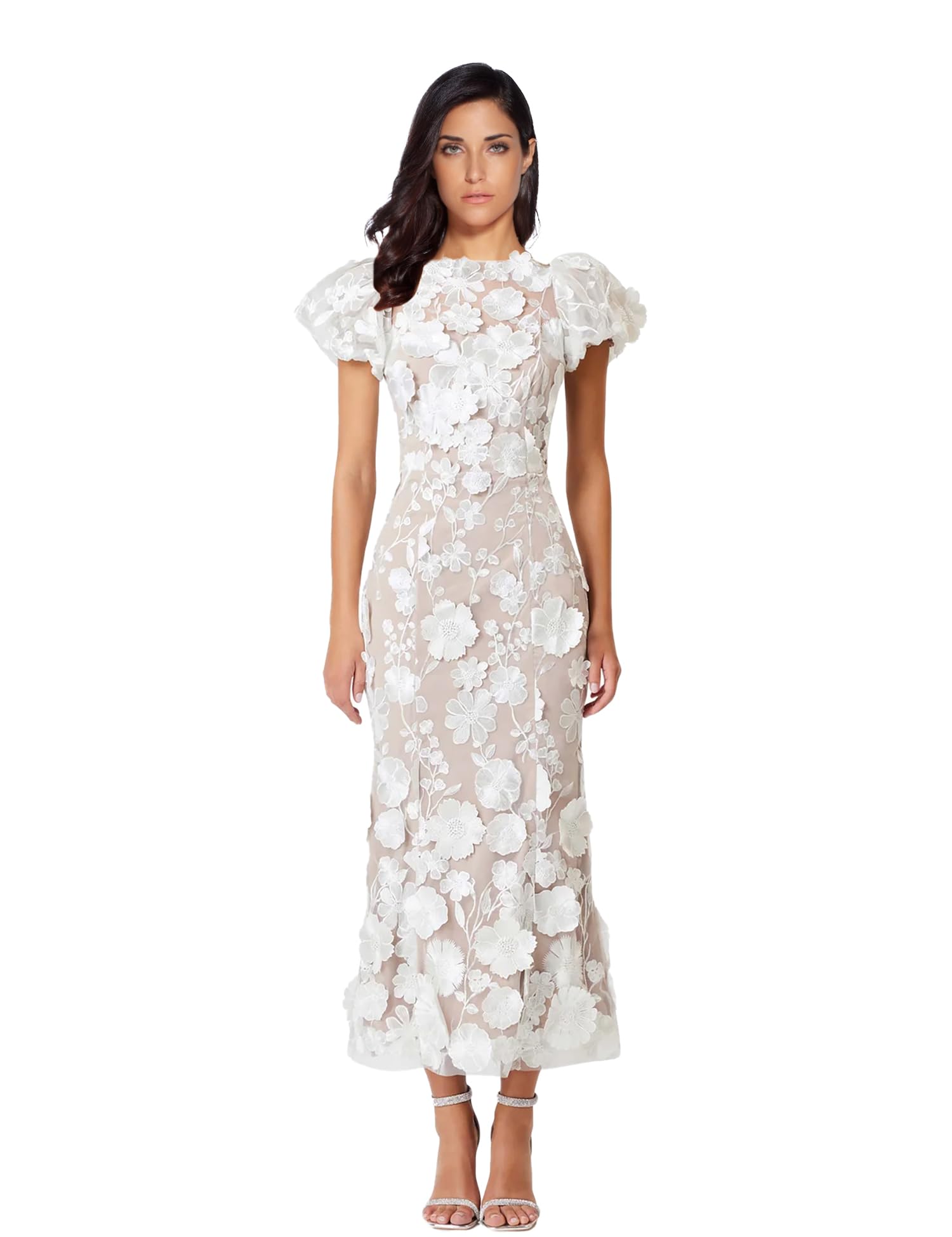 Floral Embroidery Maxi Dress for Women - Elegant Puff Sleeve High Neck Lace Bodycon Dress for Wedding Guest, Evening Party & Cocktail Events | Perfect for Summer Weddings, Garden Parties & Formal Occasions