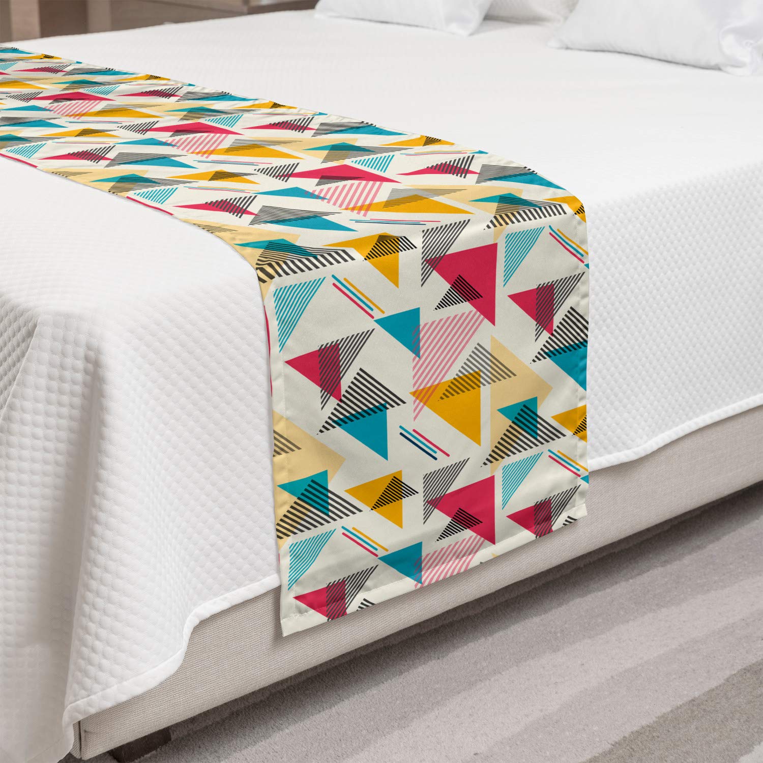 Ambesonne Geometric Bed Runner - Colorful Memphis Style Triangle Abstract Design, Decorative Bed Scarf for King Size Beds | Perfect for Hotels, Homes & Guestrooms (Eggshell/Multicolor) | Adds Stylish Accent to Bedroom Decor