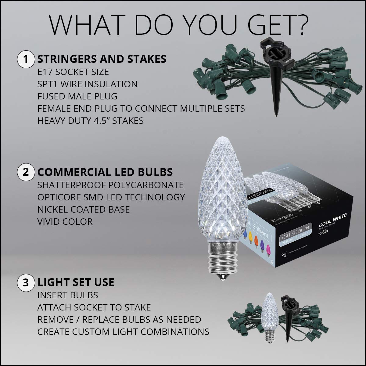 50ft OptiCore LED Cool White Christmas Pathway Lights - C9 Outdoor Holiday String Lights with 4.5