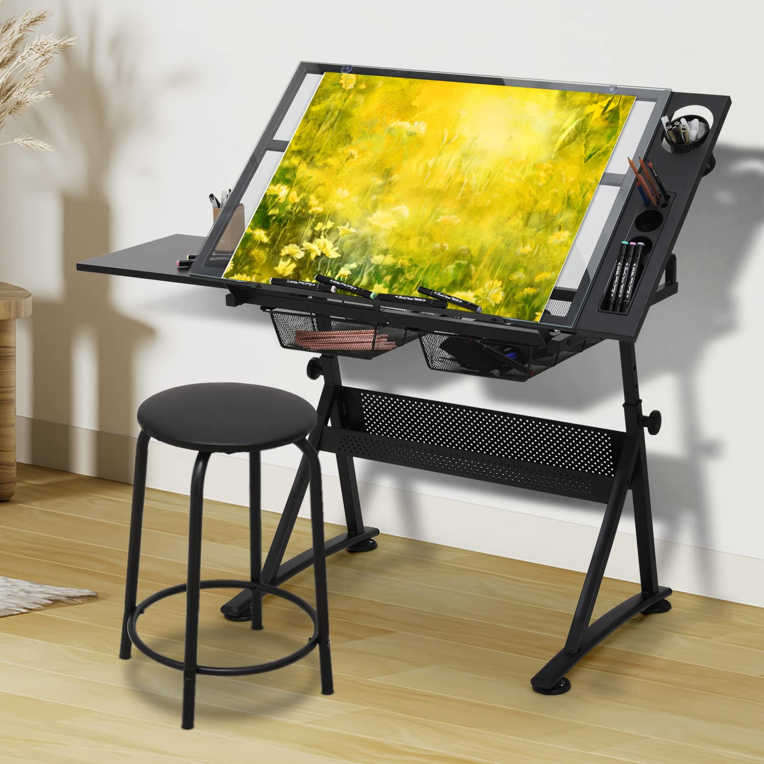 Magshion Adjustable Drafting Table Set - Tilting Glass Art Desk with Sliding Desktop, Stool & Steel Mesh Drawers - All-in-One Artist Drawing Desk for Sketching, Writing, Crafting & Home Office Work (Clear) - Perfect for Artists, Designers, Students & DIY Enthusiasts