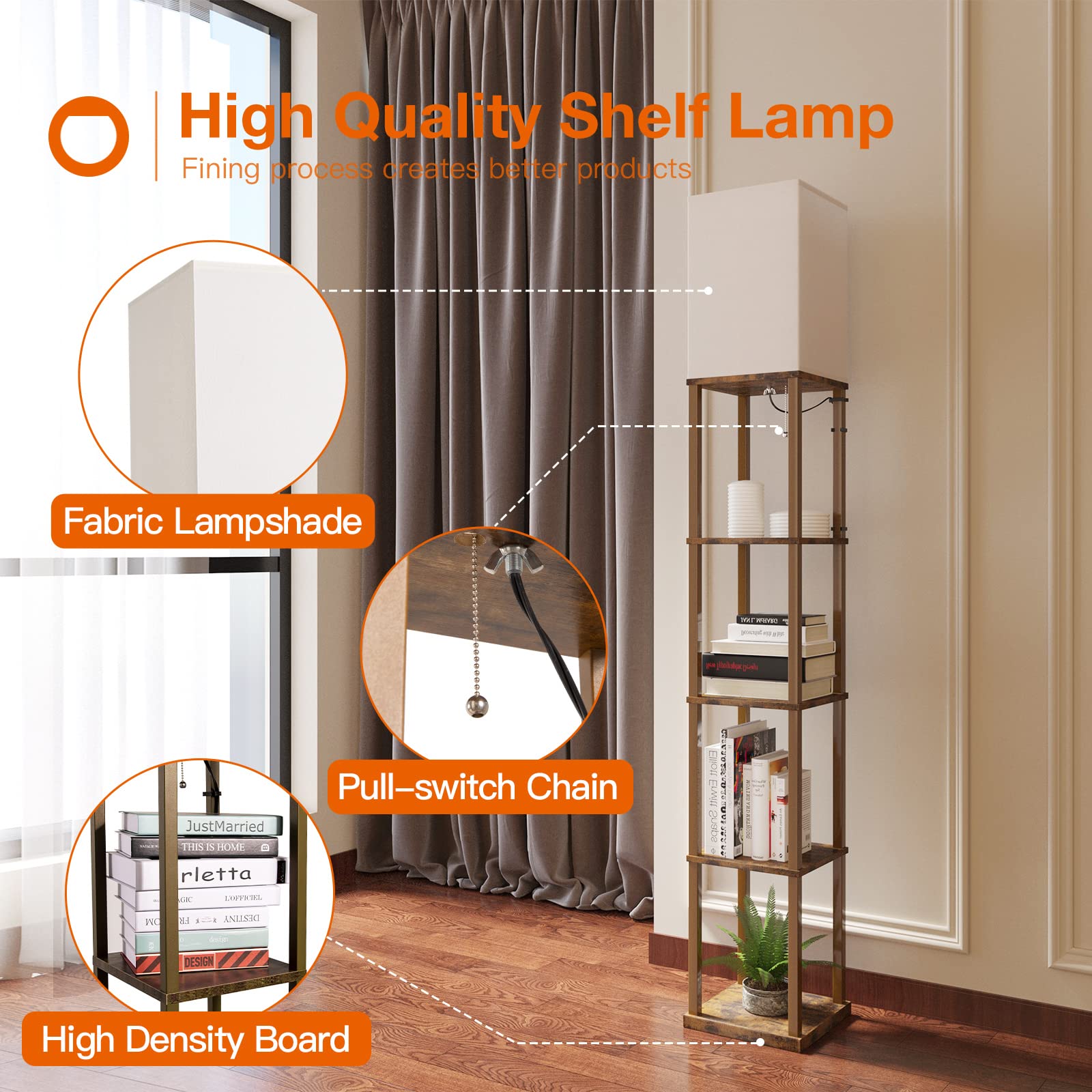 Addlon 5-Tier Modern Shelf Floor Lamp with 3CCT LED Bulb - Adjustable Brightness Wooden Display Lamp for Living Room, Bedroom, Office - Brown - Perfect for Reading, Decor & Small Space Storage