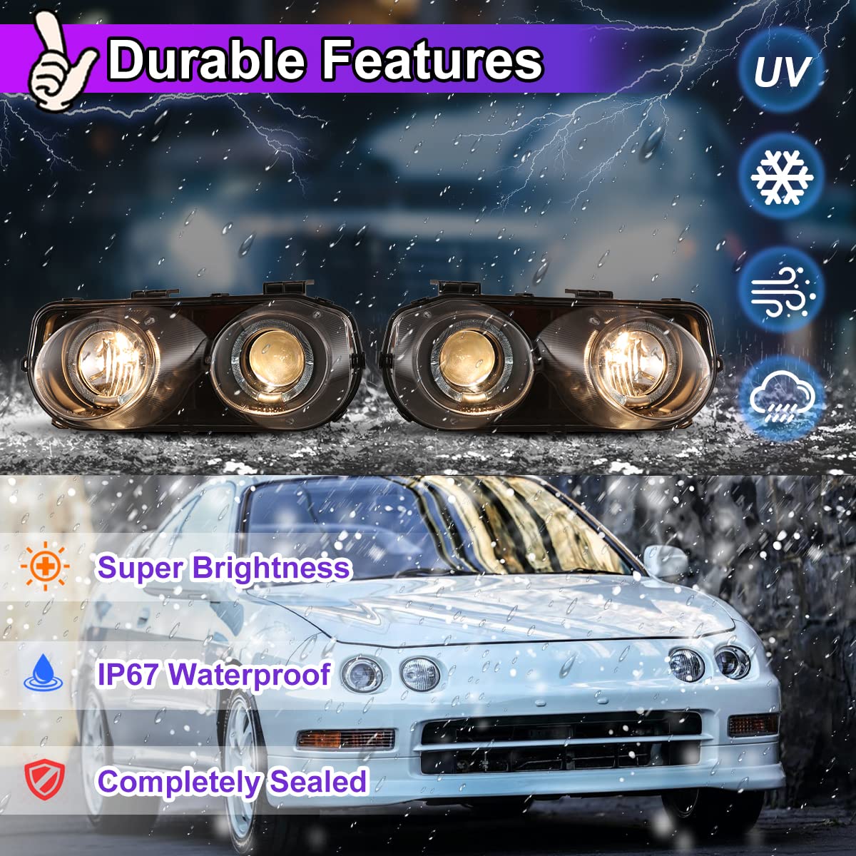 Nixon Offroad LED Headlights Assembly for Acura Integra 1994-1997 - High/Low Beam Projector Headlights with DRL & Turn Signal - 1 Pair Matte Black Housing & Clear Lens Replacement - Perfect for Night Driving & Off-Road Adventures