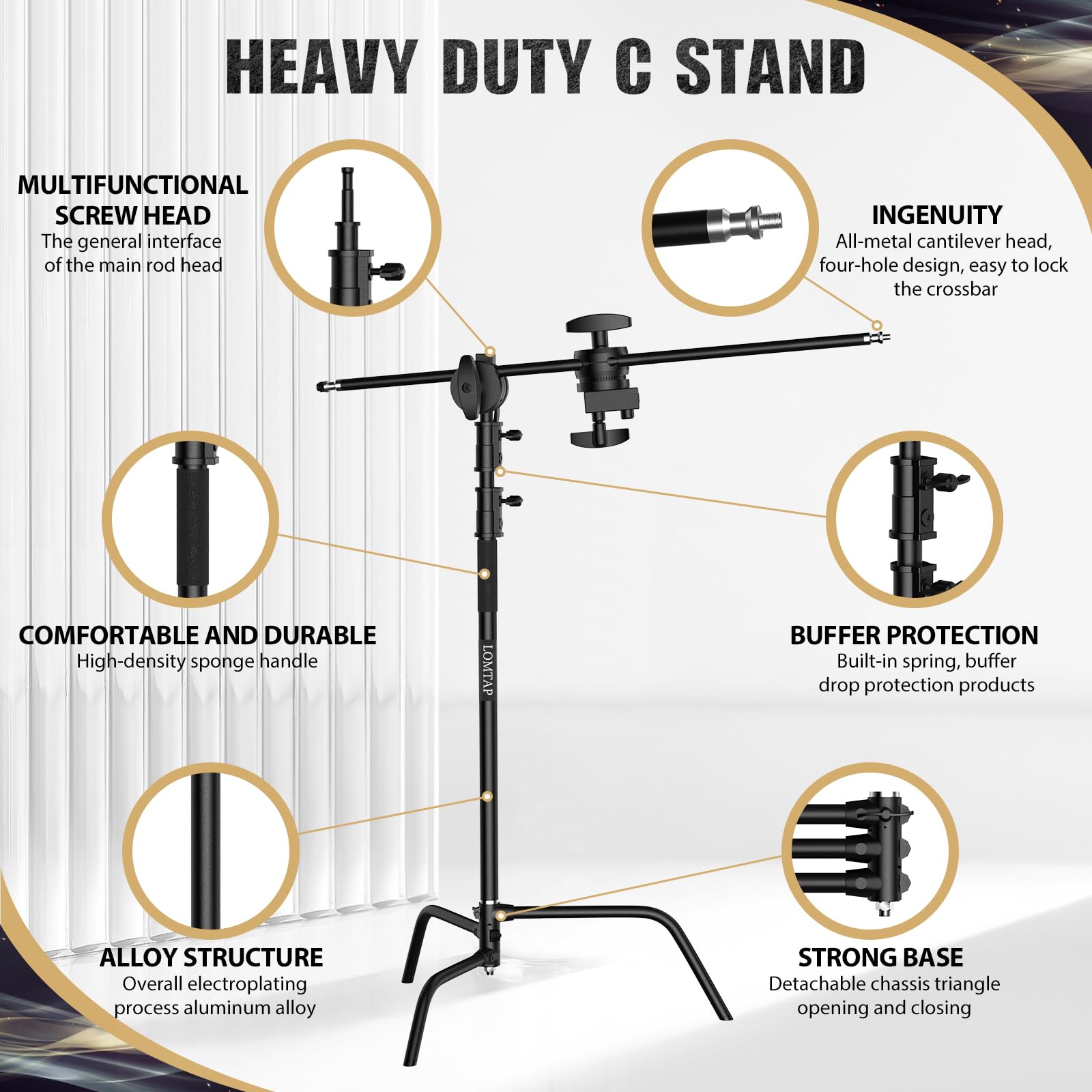 LOMTAP Heavy Duty 10.8ft C Stand with Boom Arm - Professional Stainless Steel Photography Light Stand Kit (330cm Vertical Pole, 128cm Boom Arm, Adjustable Base, Sandbag, 2 Grip Heads, 3 Clips) for Studio, Video, Photography, Softbox & Reflector Setup