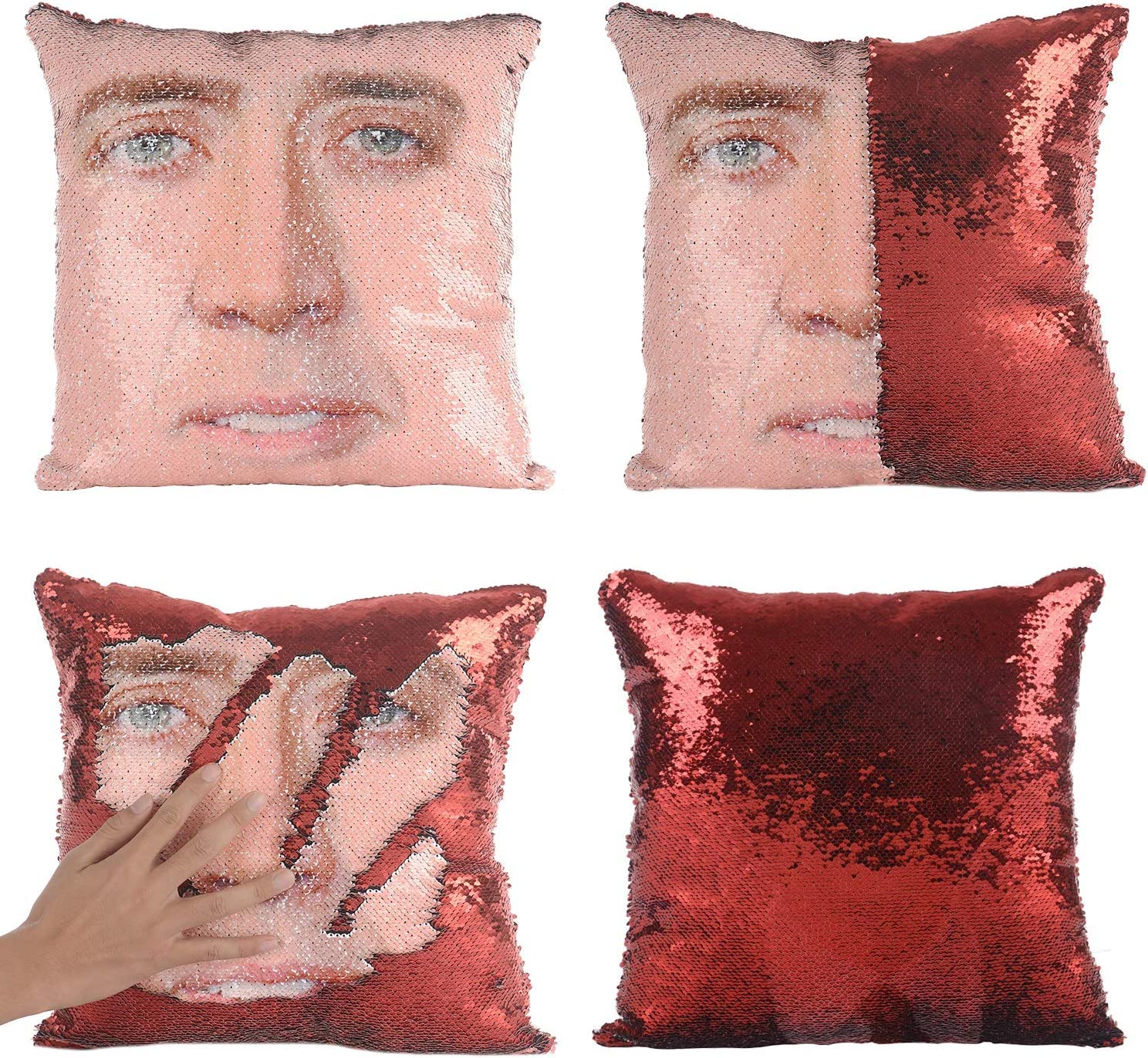 Reversible Sequin Pillow Cover 16x16 Inches - Nicolas Cage Funny Gag Gift, White Elephant Gift, Decorative Throw Cushion Case for Home Decor, Party Favors & Unique Gifts