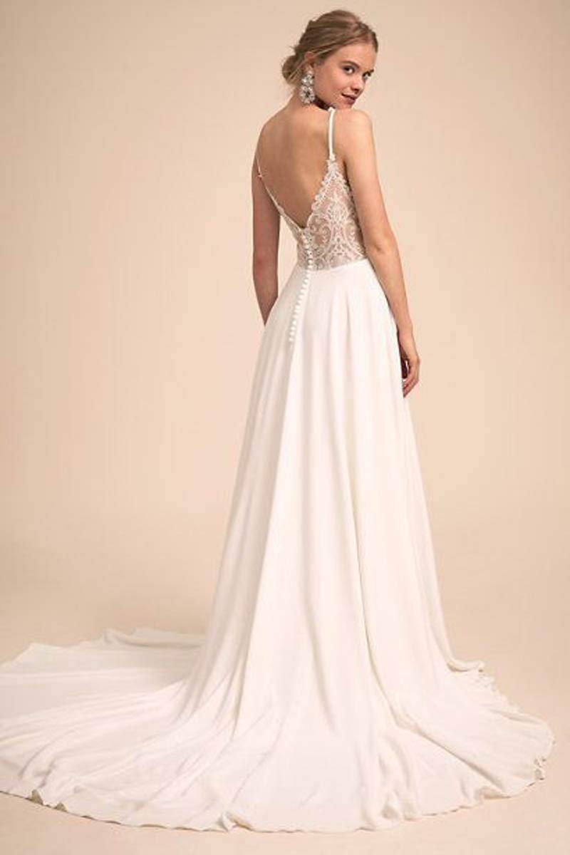 Elegant V-Neck Lace Back Wedding Dress for Brides - Perfect for Church Ceremonies, Beach Weddings & Formal Receptions