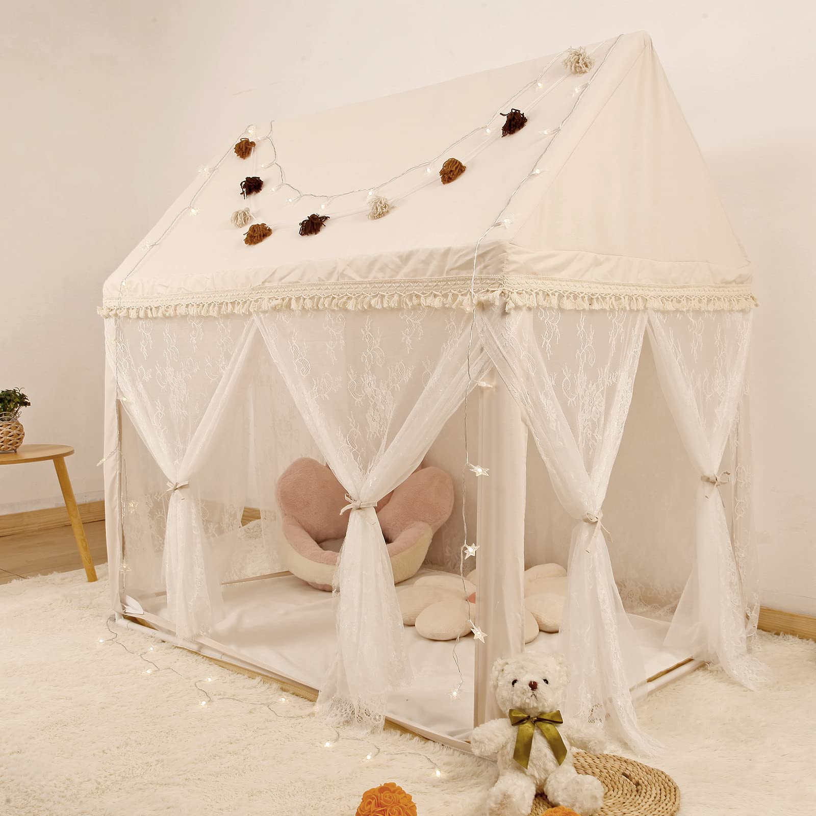Boho Style Kids Play Tent with Star Lights, Non-Slip Mat & Lace Curtains - 52