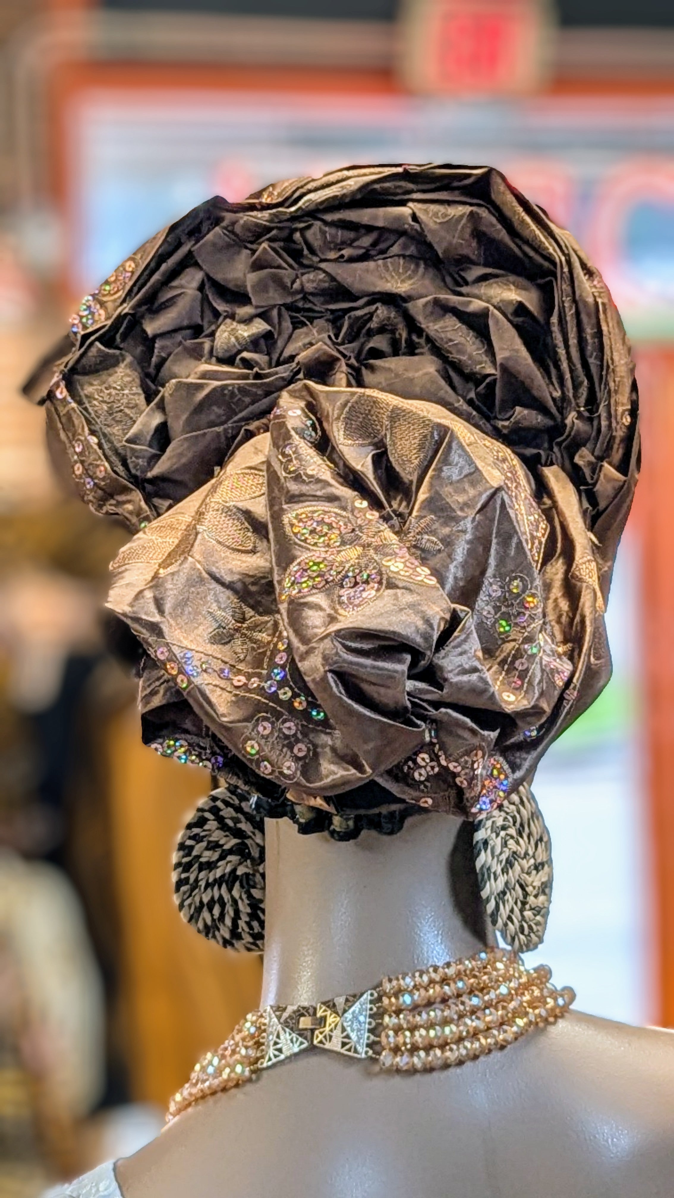 Dupsie's Iyomide Coffee Brown Autogele Pre-Tied Ready Gele Head Wrap Hat - Elegant African Headpiece for Weddings, Church & Special Occasions (DPAGHCB22)