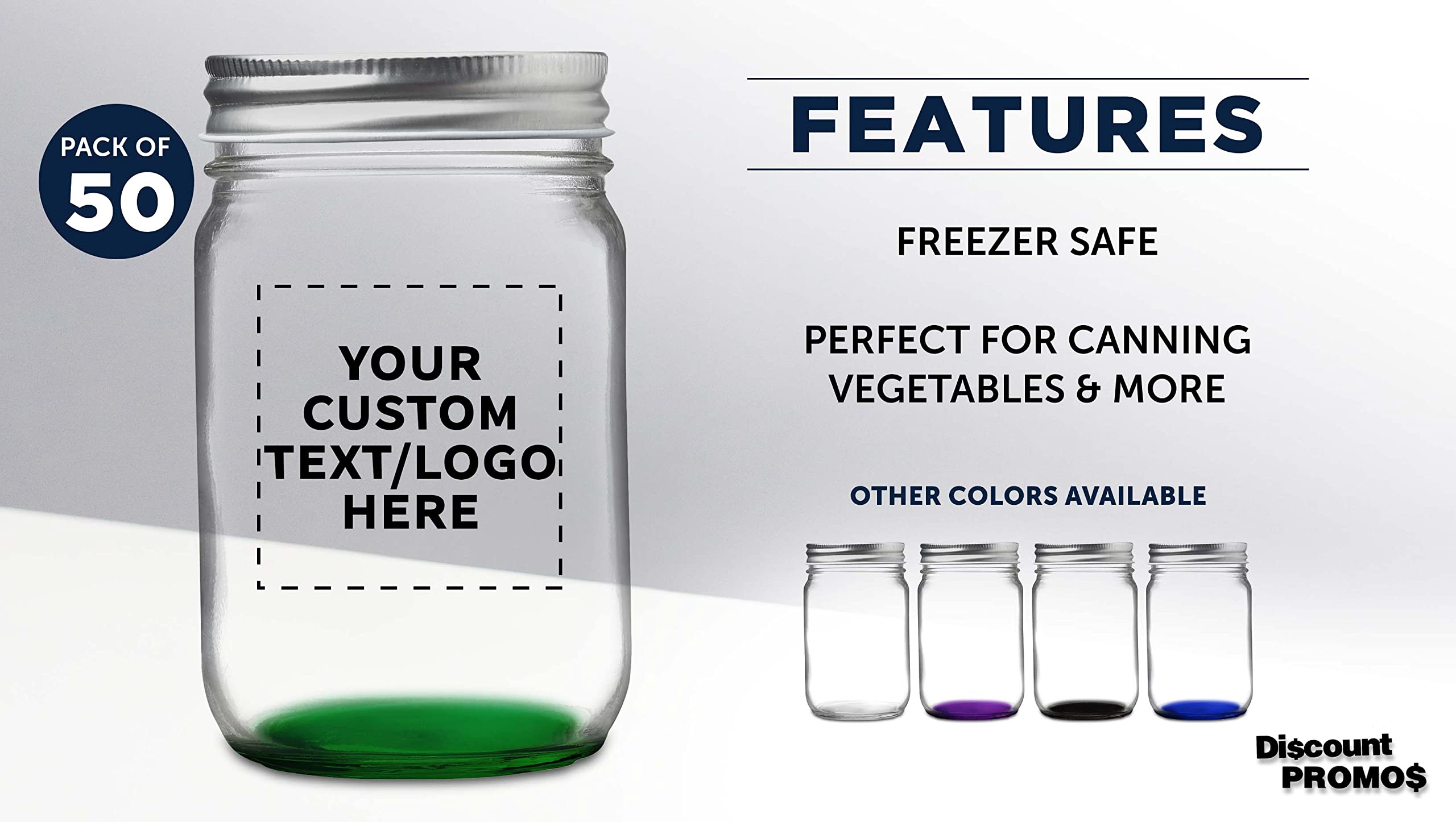 50 Pack 12 oz Mason Jars with Lids - Customizable Text & Logo - Airtight Canning Jars for DIY Crafts, Wedding Favors, Party Decorations and Home Storage - Green Glass Jars with Aluminum Lids