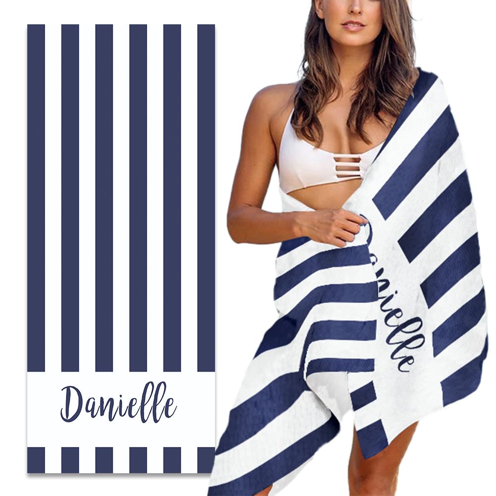 **Custom Personalized Beach Towel with Name - Sand Free Quick Dry Microfiber Towel for Beach, Pool, Travel - 30x60 Inch Striped Blanket for Adults & Kids - Navy Blue (Perfect for Vacation, Swimming, Sunbathing & Outdoor Activities)**