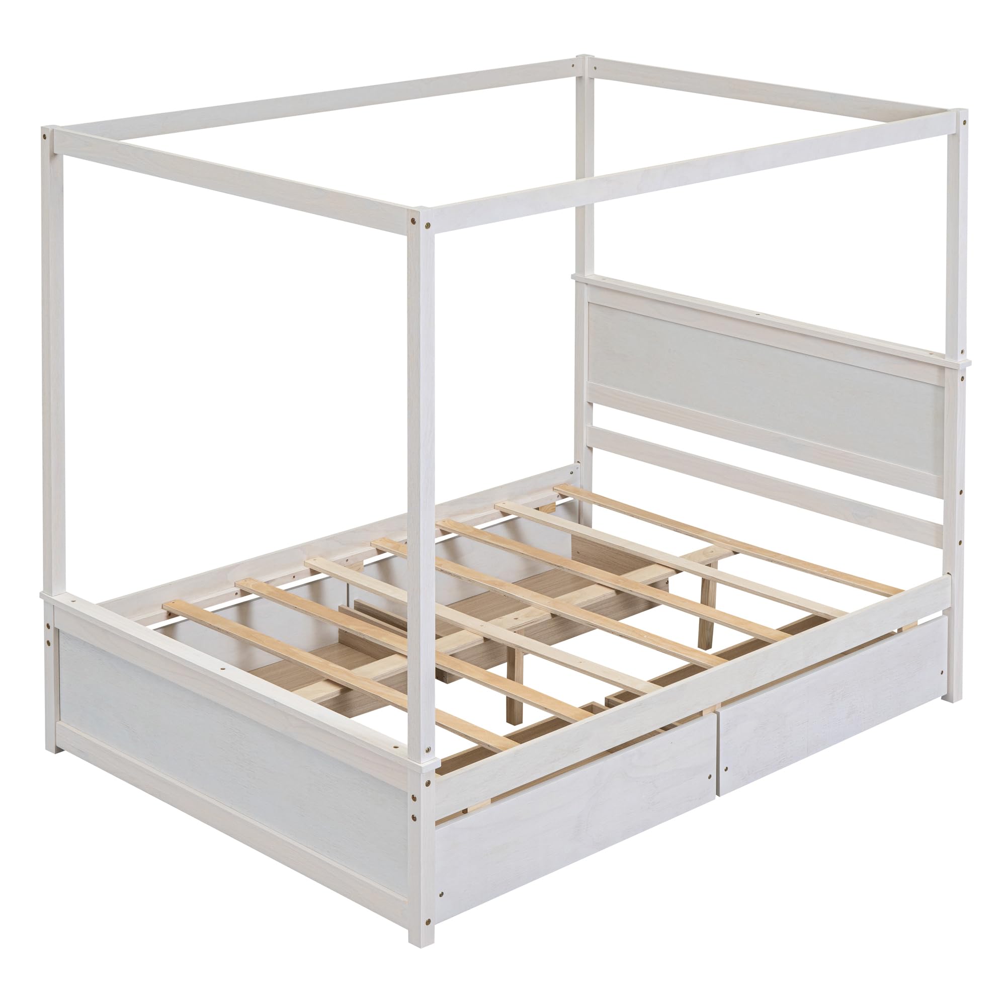 Full Size Canopy Bed with 4 Storage Drawers & Headboard - Wooden Platform Bed Frame, Four Poster Bed in Brushed White - Perfect for Master Bedroom, Guest Room & Small Space Storage Solutions