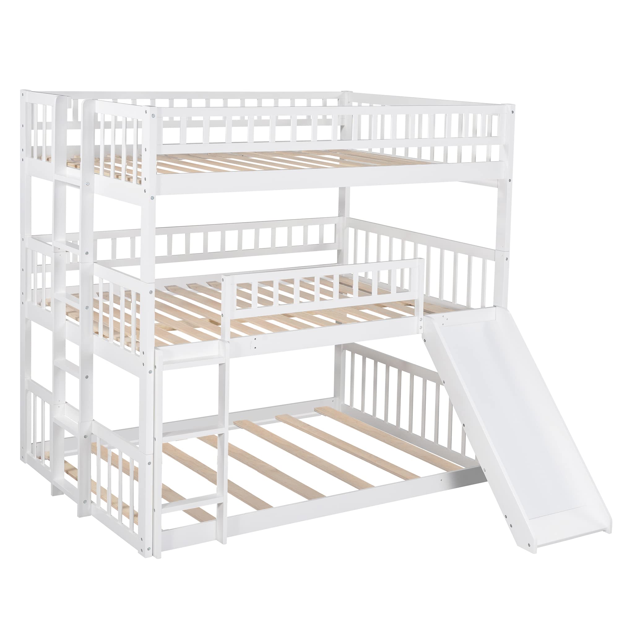 Harper & Bright Designs White Triple Bunk Beds with Slide - Full Over Full Over Full Wooden Bunk Bed Frame with Built-in Ladder - Space Saving Kids, Teens & Adults Bedroom Furniture for Small Rooms, Vacation Homes & Shared Bedrooms
