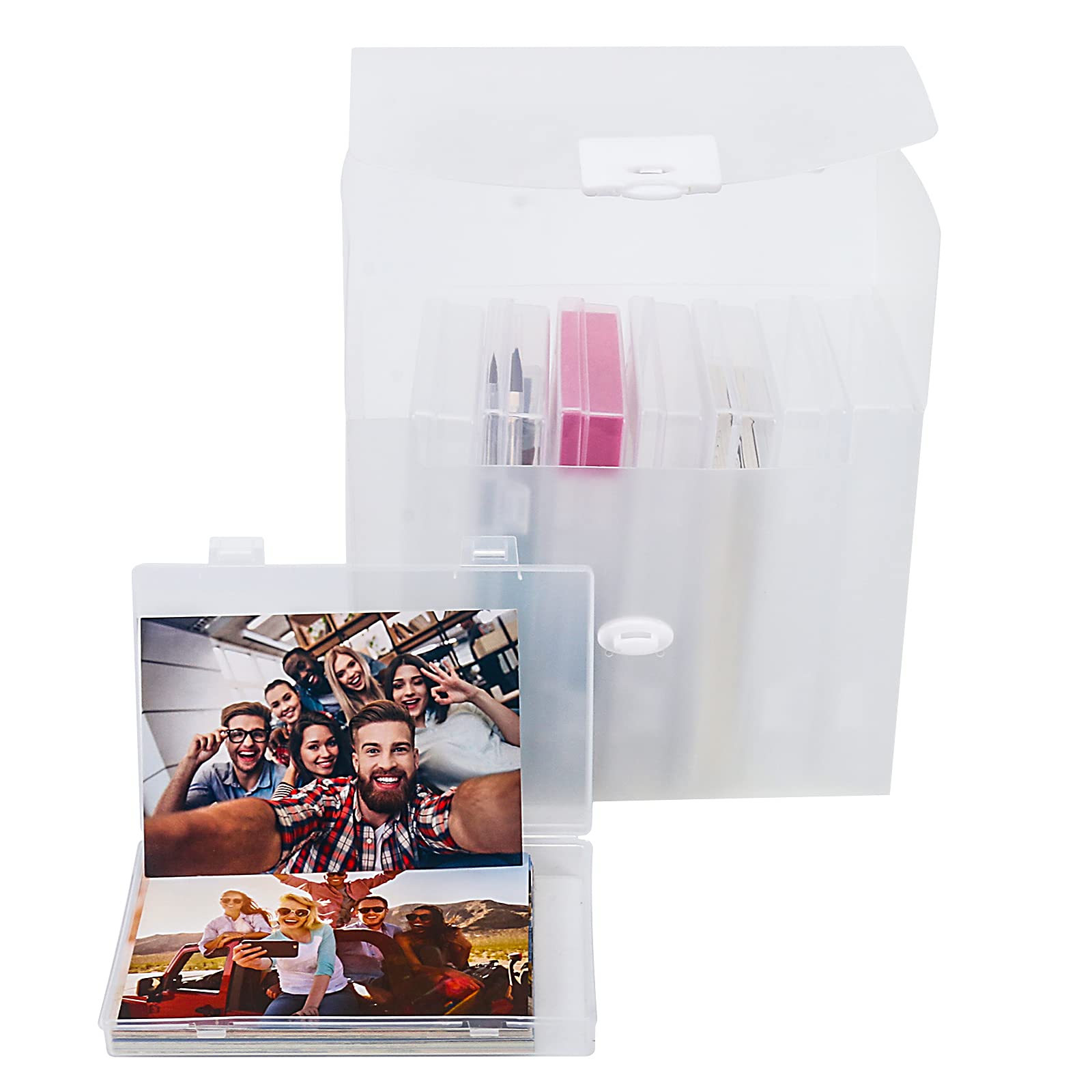 Extra Large Photo Storage Box Organizer Set - 8 Inner Cases Holds 480 4x6 Photos, Clear Plastic Craft Keeper with Handle for Cards, Pens, Stickers & Stamps | Perfect for Scrapbooking, Memory Keeping & Craft Organization