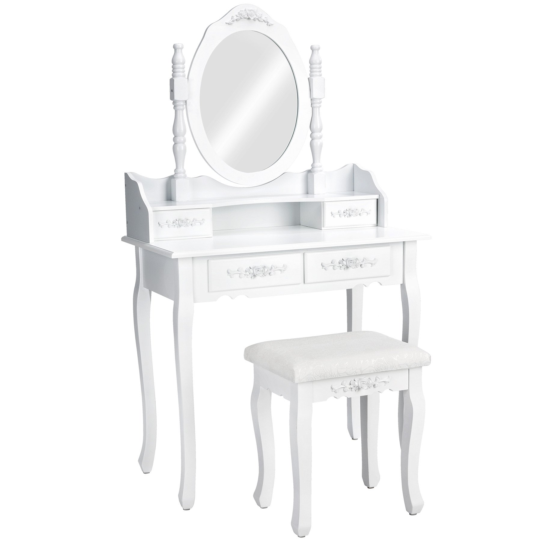 Vintage Makeup Vanity with Mirror & Stool - 4 Drawers, Elegant for Bedroom Decor