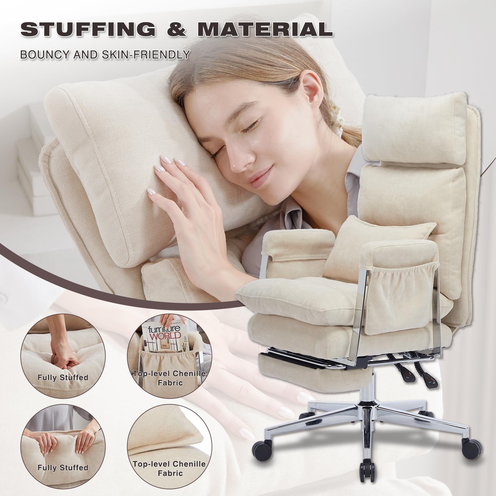 Big and Tall Ergonomic Office Chair with Footrest - High Back Reclining Computer Chair with Lumbar Support & Spring Cushion - Chenille Fabric Executive Chair for Home Office - Perfect for Long Work Hours & Gaming Sessions (Beige)