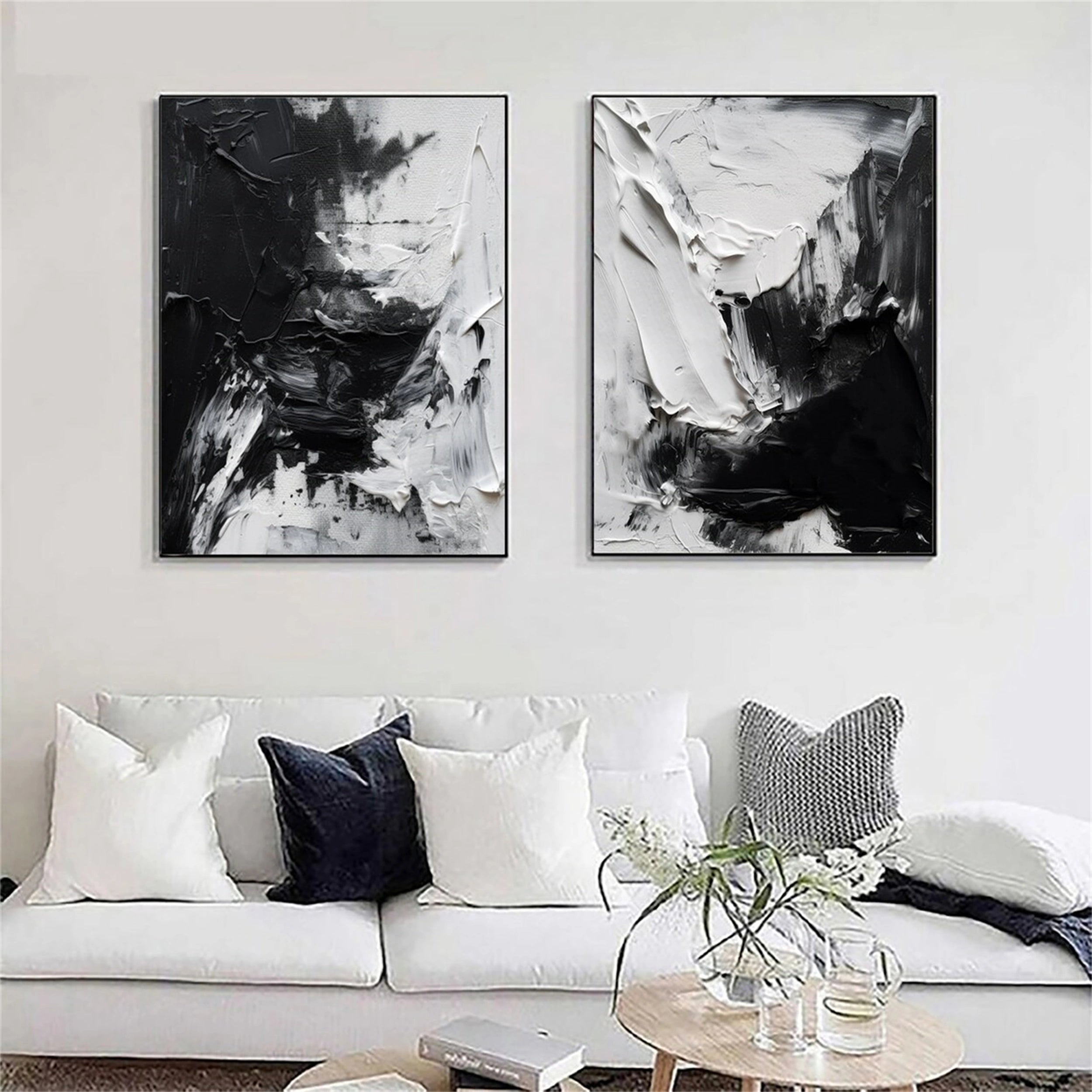 Black and White Textured Minimalist Wall Art Set of 2 - Modern Abstract Canvas Prints for Living Room, Bedroom & Office Decor #MZ064
