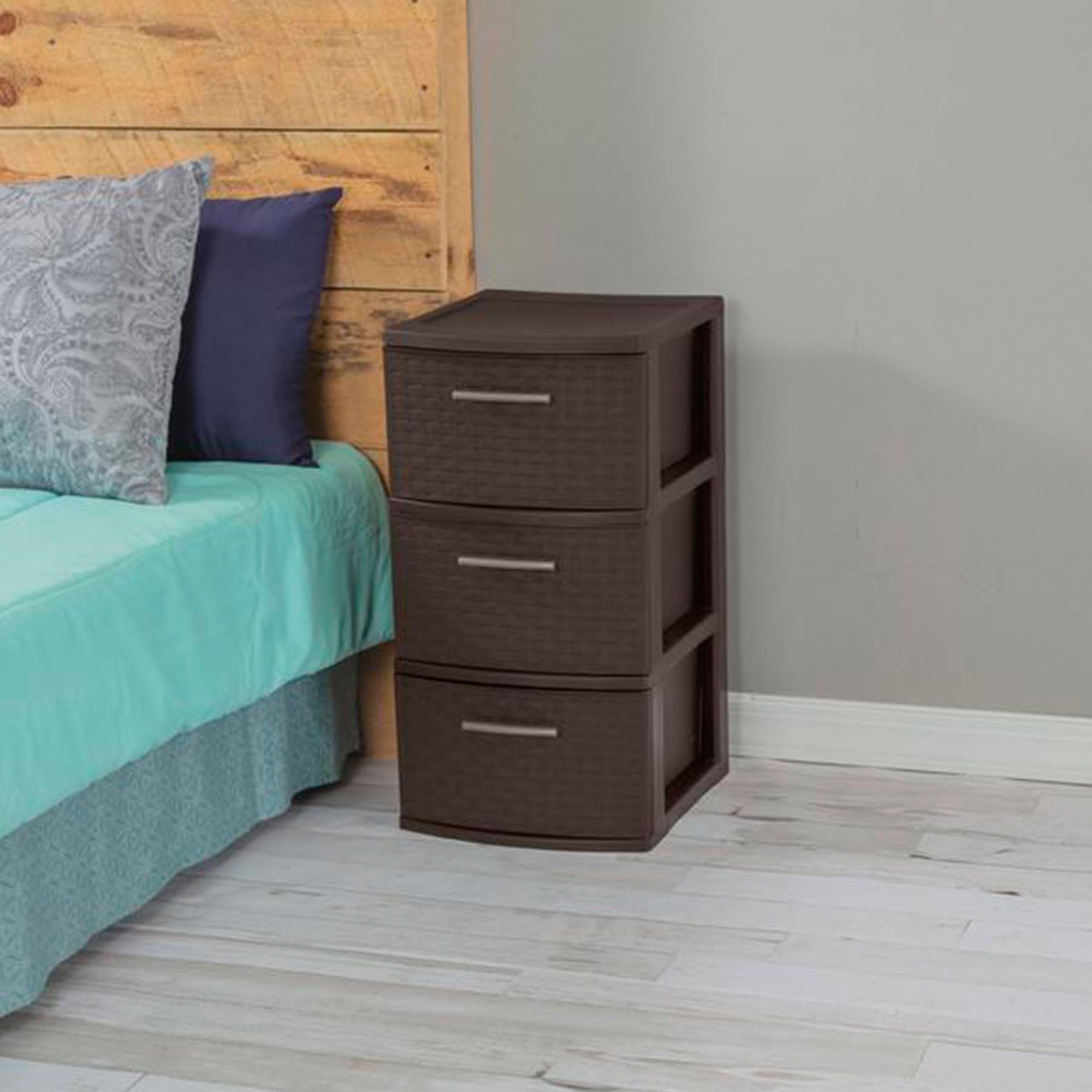 Sterilite 3 Drawer Storage Tower - Plastic Decorative Weave Organizer Drawers for Dorm, Closet, Bedroom & Craft Room - 4 Pack in Espresso - Perfect for Home, Office & School Organization