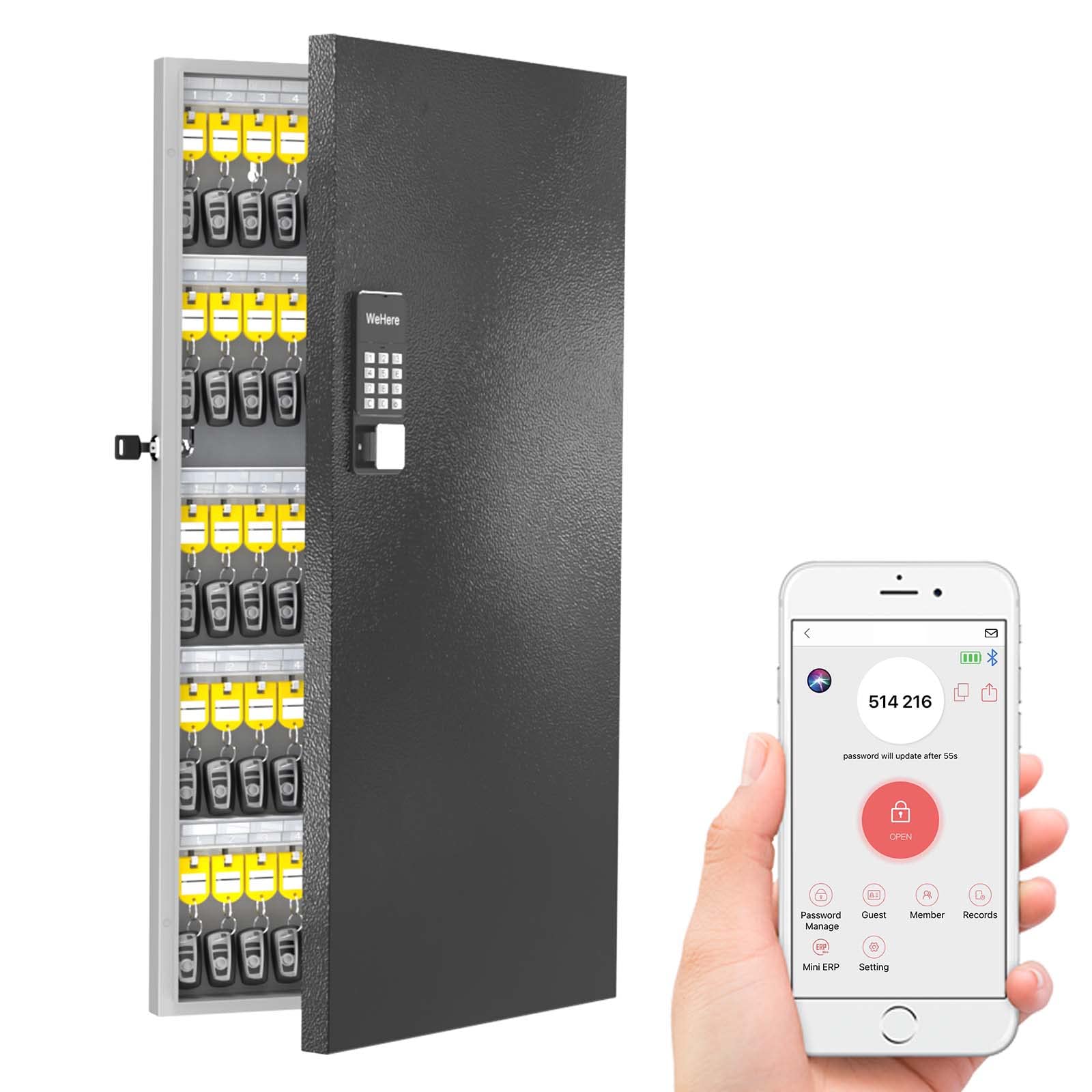 WeHere 120 Key Lock Box Wall Mount - Smart Key Cabinet with Bluetooth, OTP, Wi-Fi, Fixed Code & Key Unlock - Key Organizer Holder with Key Tag - Secure Key Management System for Office, Valet, Realtor, Hotel - Perfect for Property Access, Key Storage & Staff Management