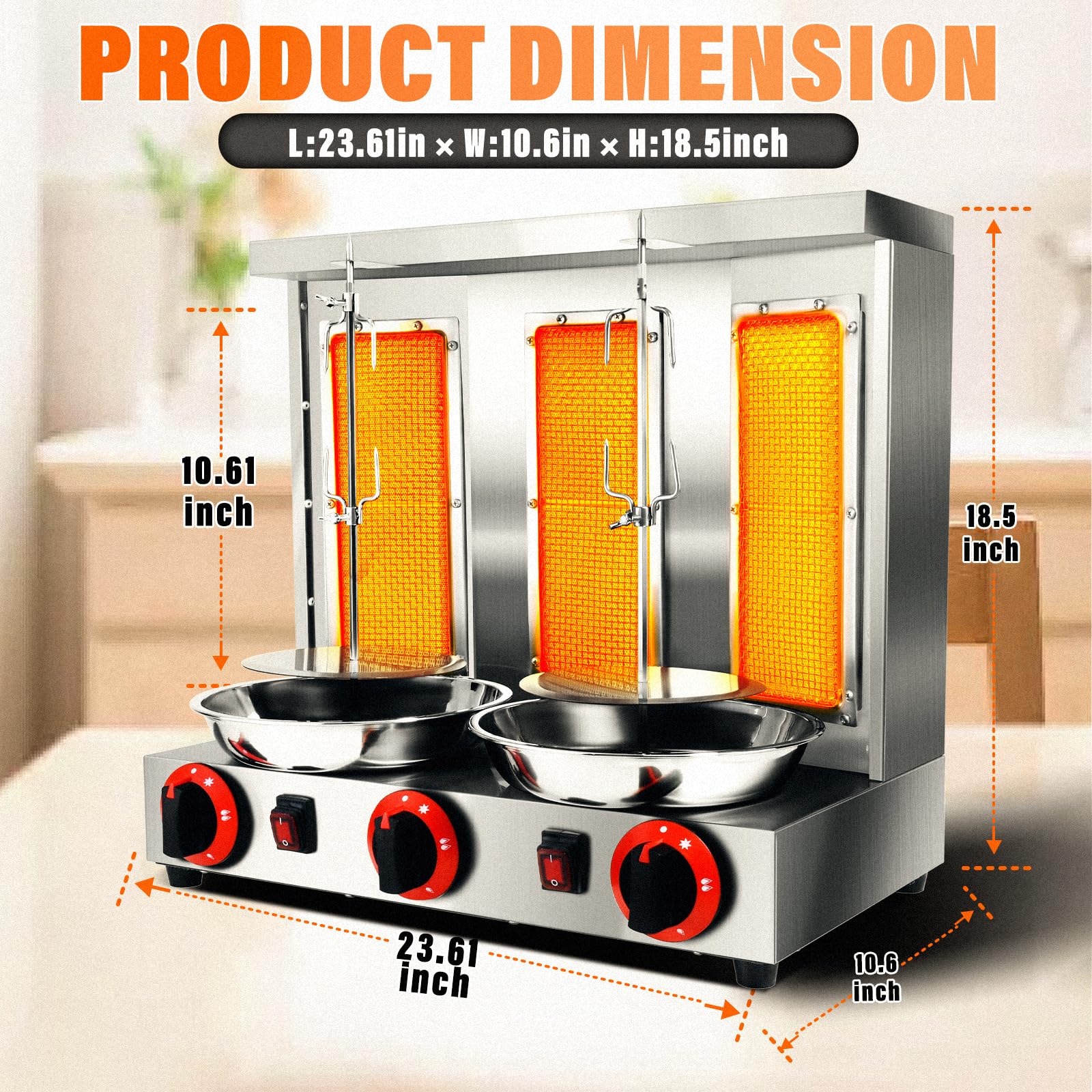 Commercial Vertical Rotisserie Grill - 3 Burner Shawarma Machine for Gyro, Turkish Kebab & Grilled Chicken (Silver) | Perfect for Restaurants, Food Trucks & Catering Businesses
