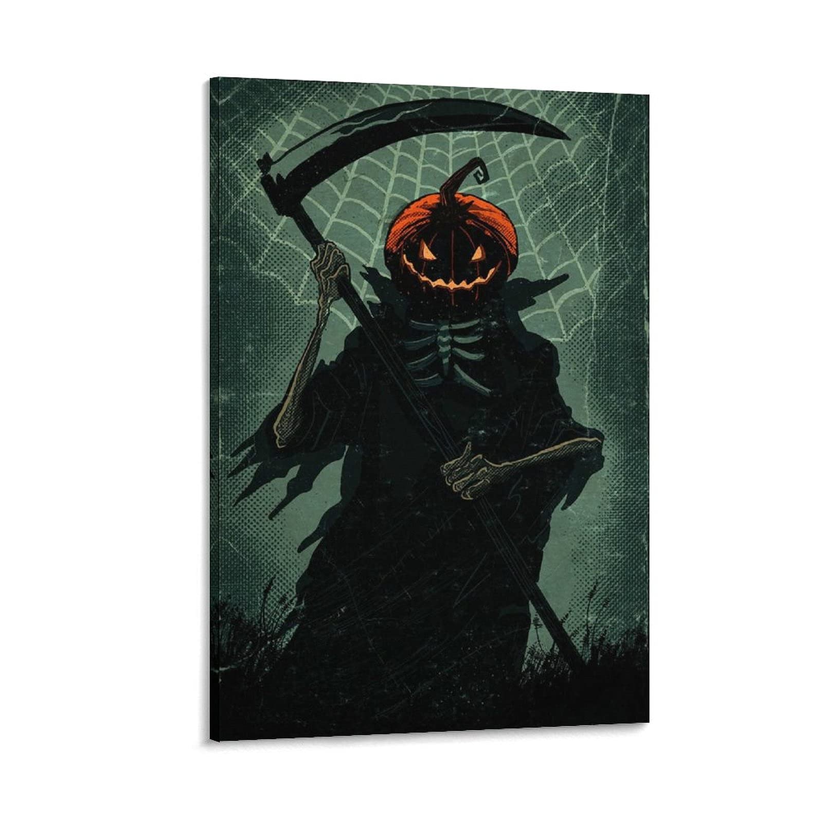 Halloween Decorations - Headless Pumpkin Lantern Skull Under Spider Web with Death Scythe Canvas Wall Art Print | Gothic Fantasy All Saints Day Poster | Modern Home Decor for Living Room, Bedroom or Office | 24x36 Inches (60x90 cm)