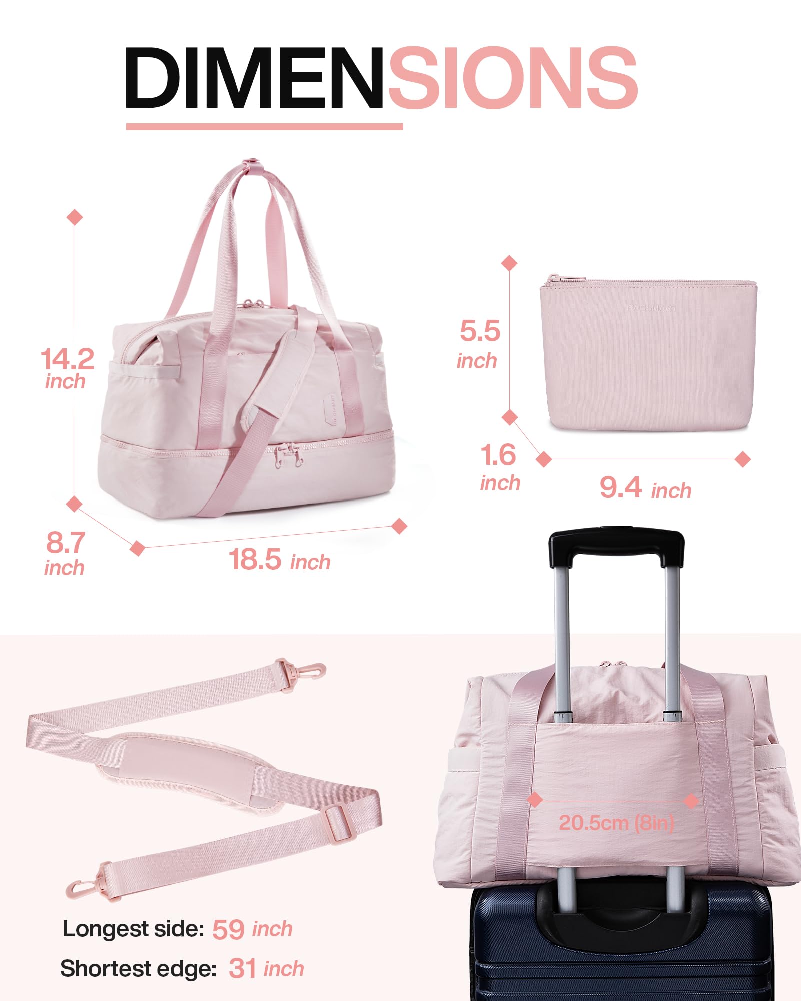BAGSMART Women's Weekender Travel Duffel Bag with Shoe Compartment & Toiletry Bag - Airline Approved Carry-On Overnight Tote for Gym, Weekend Getaways & Business Trips (Pink)