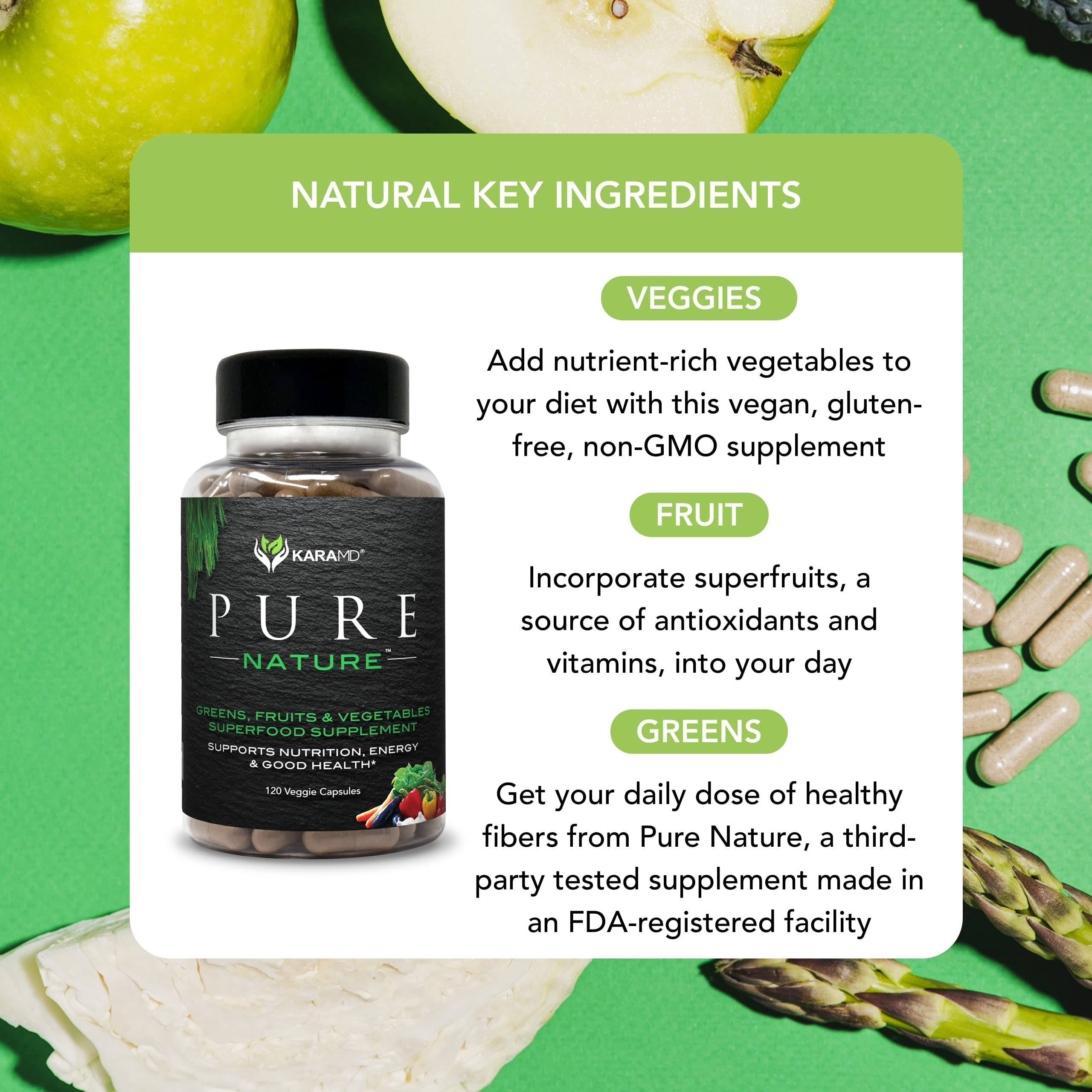 KaraMD Pure Nature Greens, Fruits & Vegetables Whole Food Supplement - Vitamins, Fiber & Antioxidants for Energy & Digestion Support | Non-GMO, Gluten Free, Vegan | 3 Pack - Perfect for Busy Professionals & Health-Conscious Families