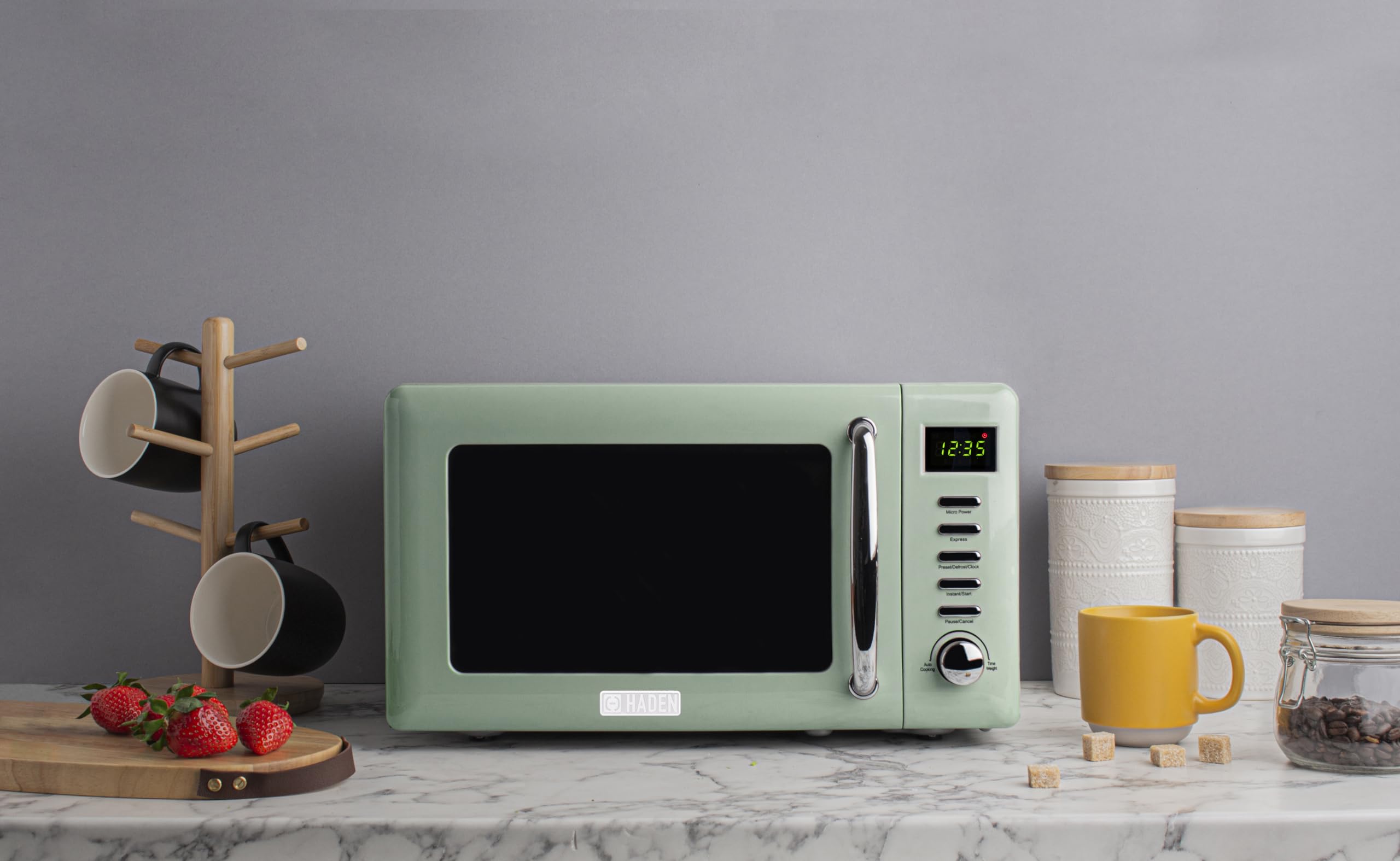 Haden Cotswold Green 800W Retro Microwave Oven - 20L Compact Digital Microwave for Small Kitchens with 5 Power Levels, Defrost & Express Functions | Easy to Use & Clean | Perfect for Dorms, Apartments & Office Break Rooms
